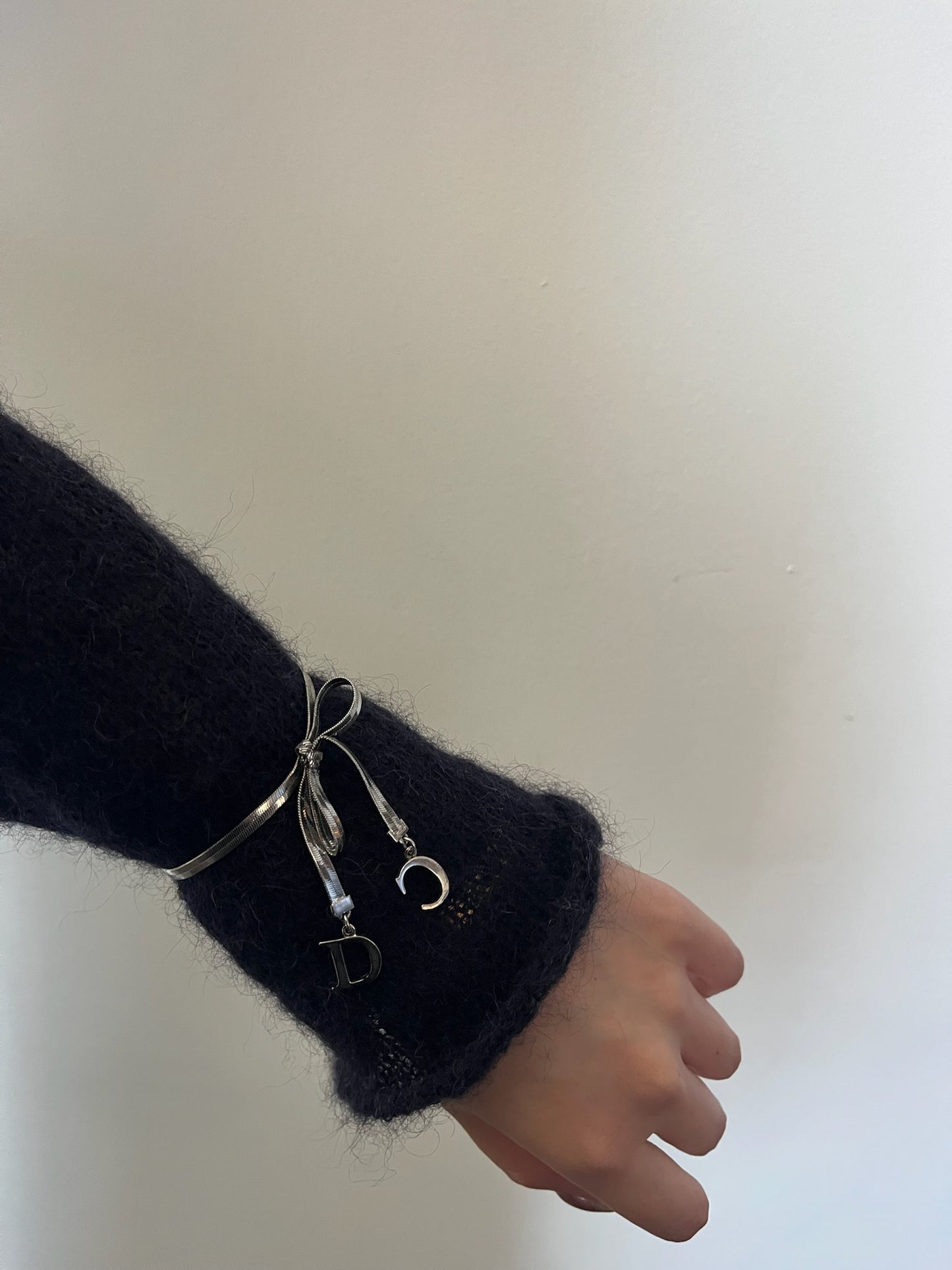 Dior Vintage Titanium-Silver Bow Snake Chain Bracelet