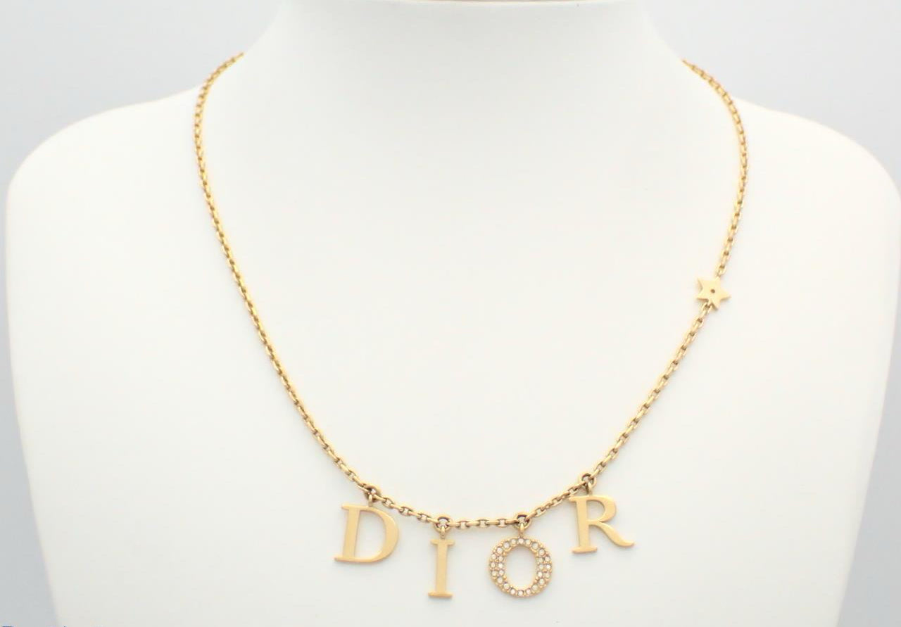 Dior Gold Crystal Logo Letter Necklace