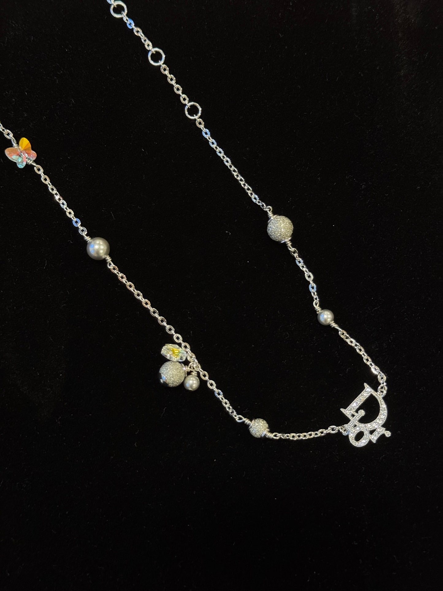 Vintage Dior Crystal Logo Charm Necklace – Silver Tone