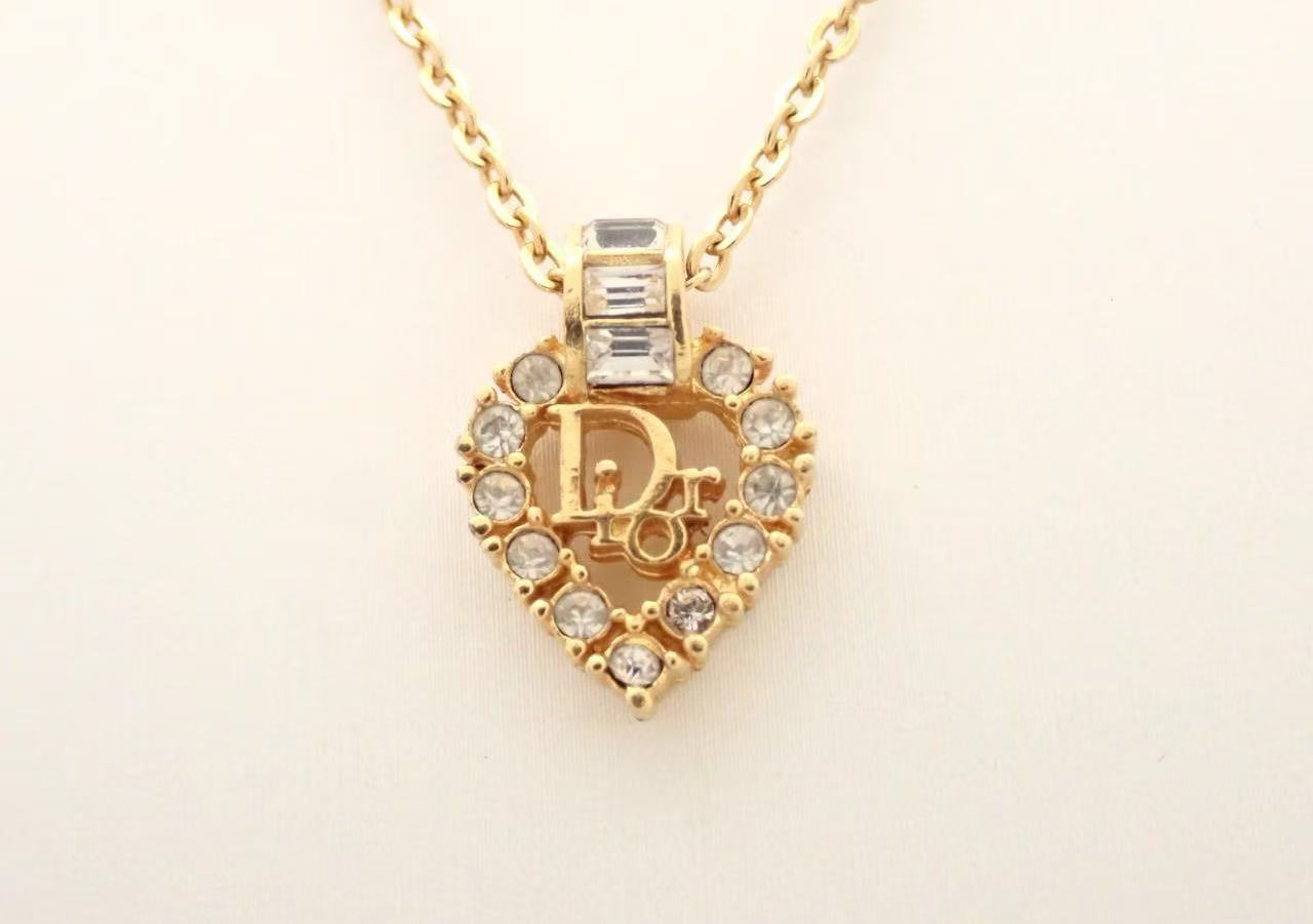 Dior Vintage Gold Crystal Heart Logo Pendant Necklace