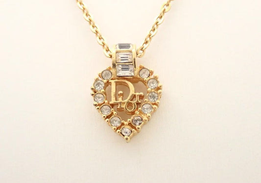 Dior Vintage Gold Crystal Heart Logo Pendant Necklace