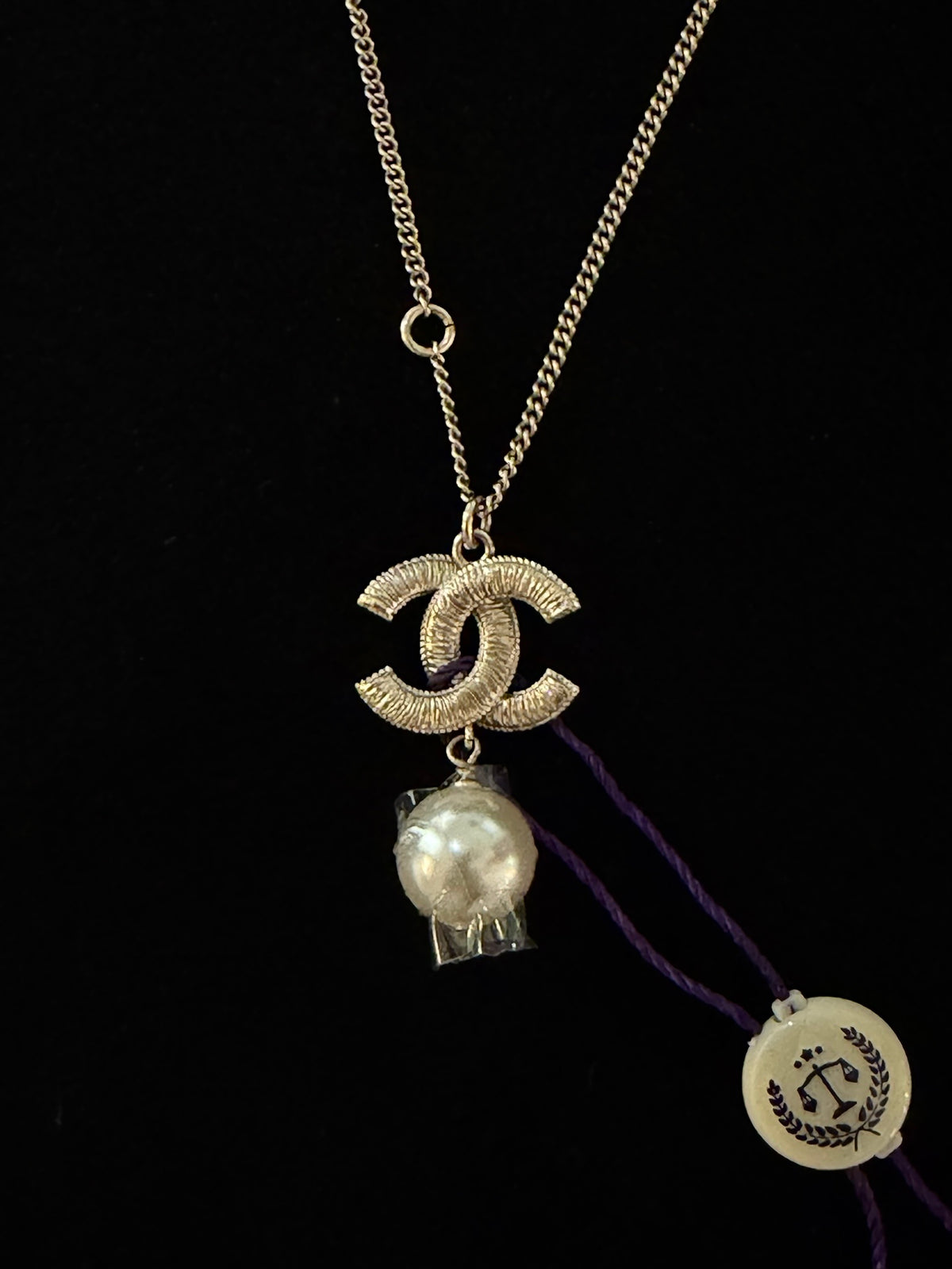 Chanel Crystal CC Faux Pearl Drop Pendant Necklace