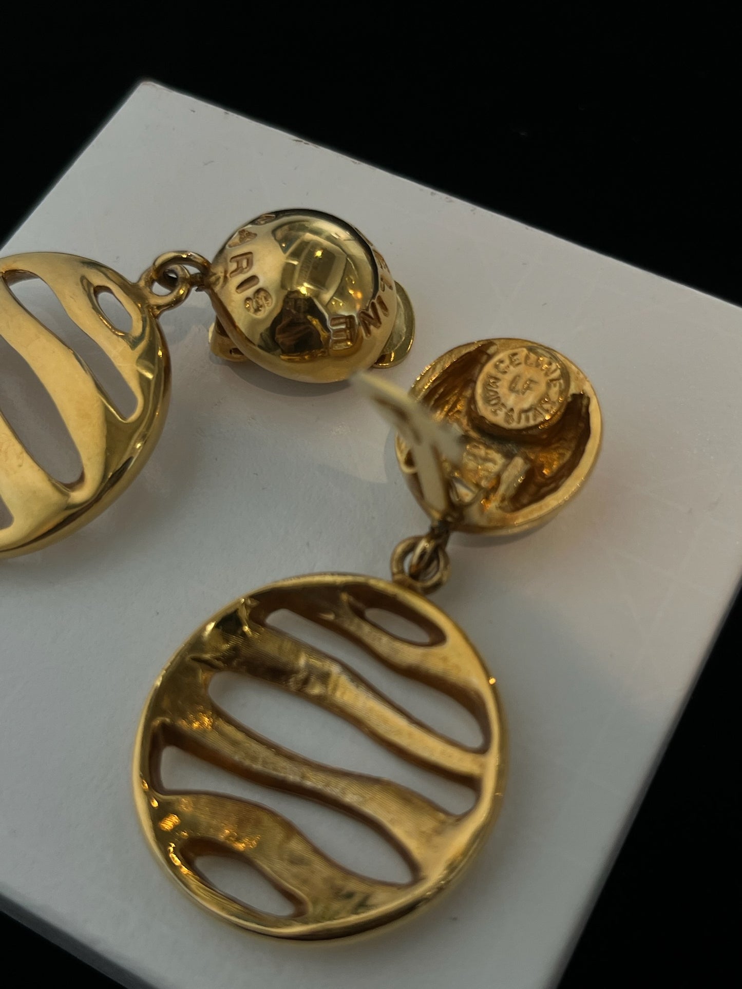 Celine Vintage Cutout Disc Drop Earrings (Gold Tone)