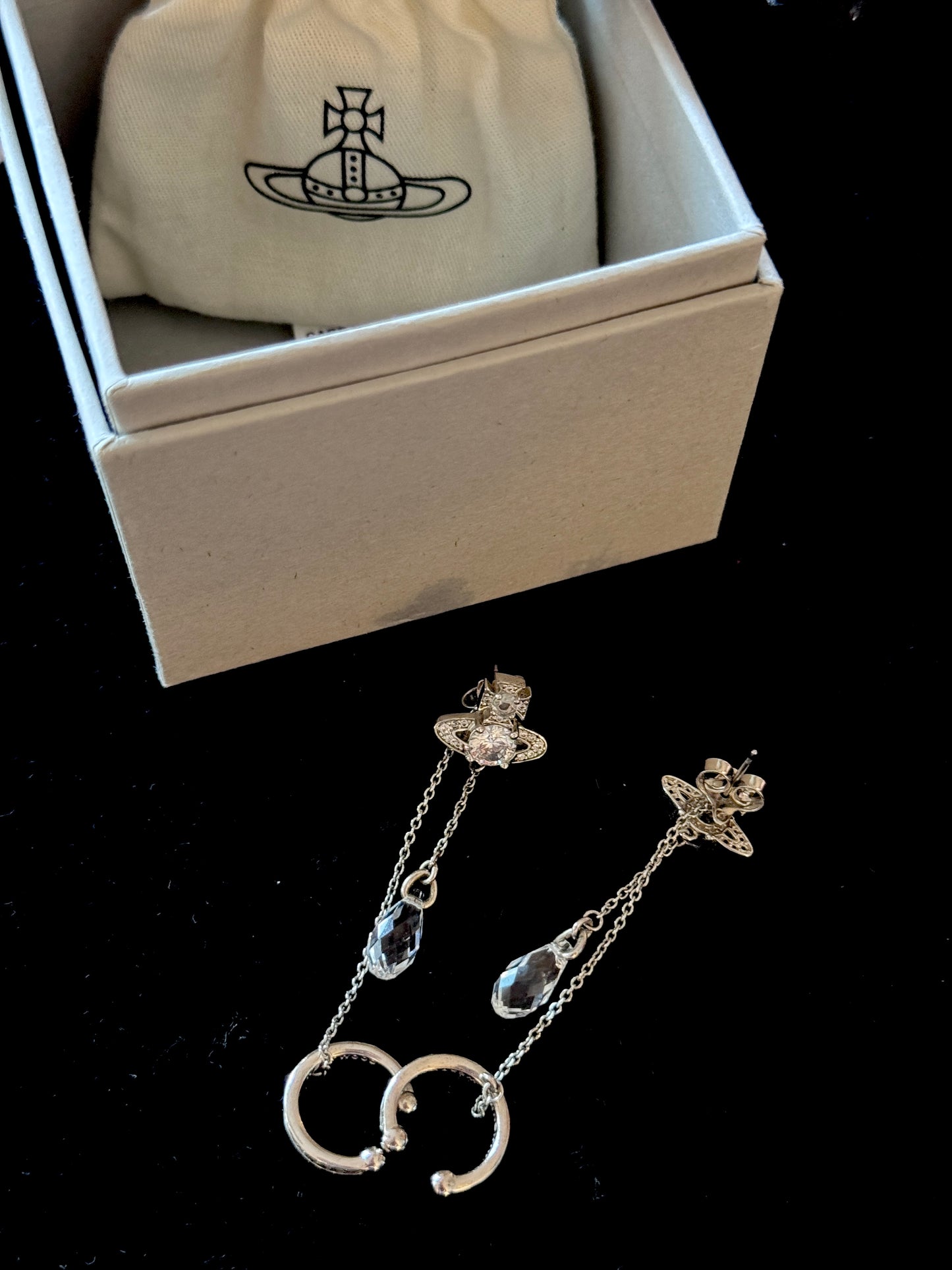 Vivienne Westwood 2010s "Celestial Drip" Crystal Orb Asymmetric Chain Drop Earrings