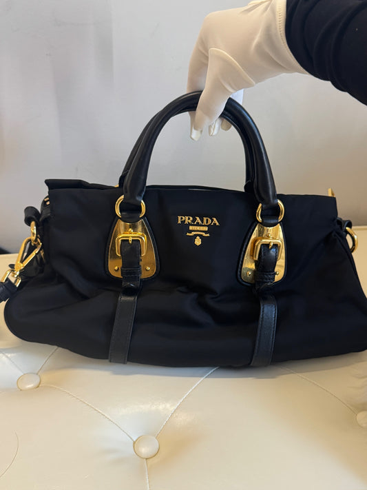 Prada Tessuto Leather and Nylon-Trim Handbag – Black
