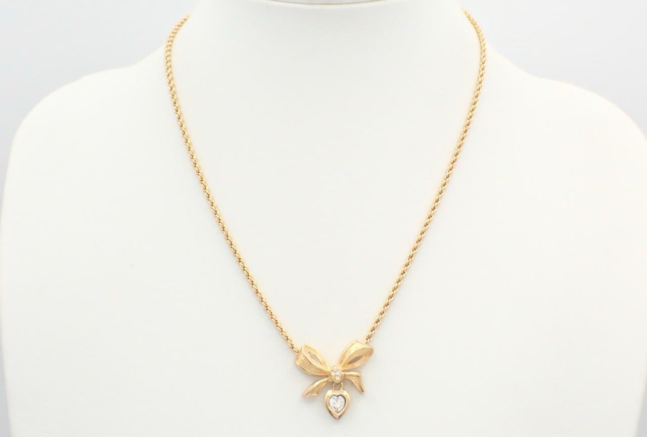 Dior 1980s Bow Heart Pendant Necklace (Gold Tone)