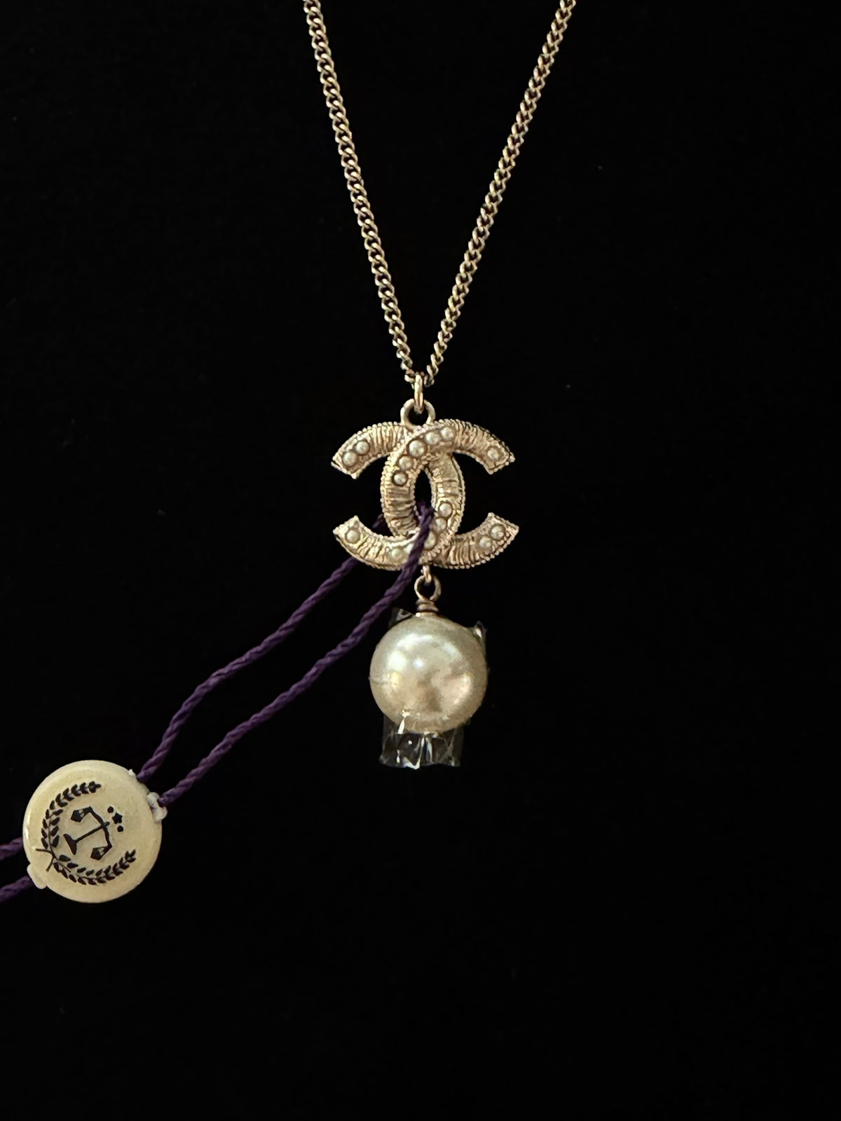 Chanel Crystal CC Faux Pearl Drop Pendant Necklace