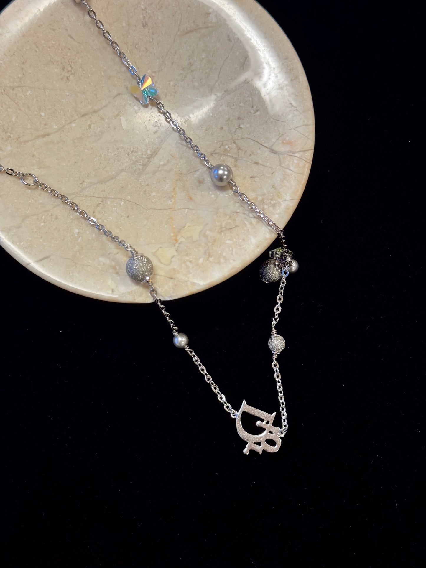 Vintage Dior Crystal Logo Charm Necklace – Silver Tone