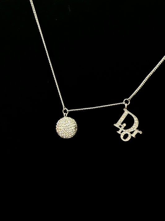 Vintage Dior Crystal Logo Ball Necklace – Silver Tone