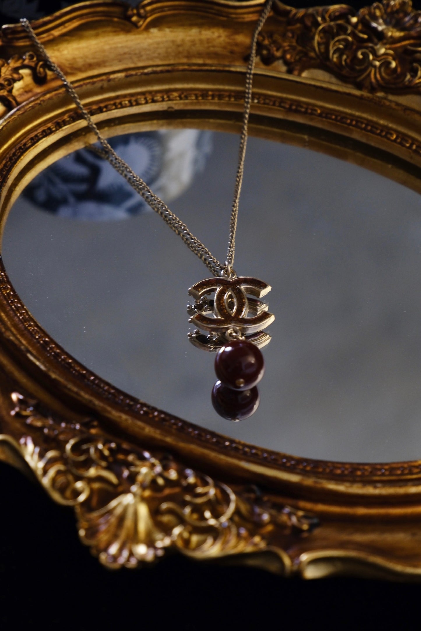 Chanel 2012 Deep Ruby Bead Logo Pendant Necklace