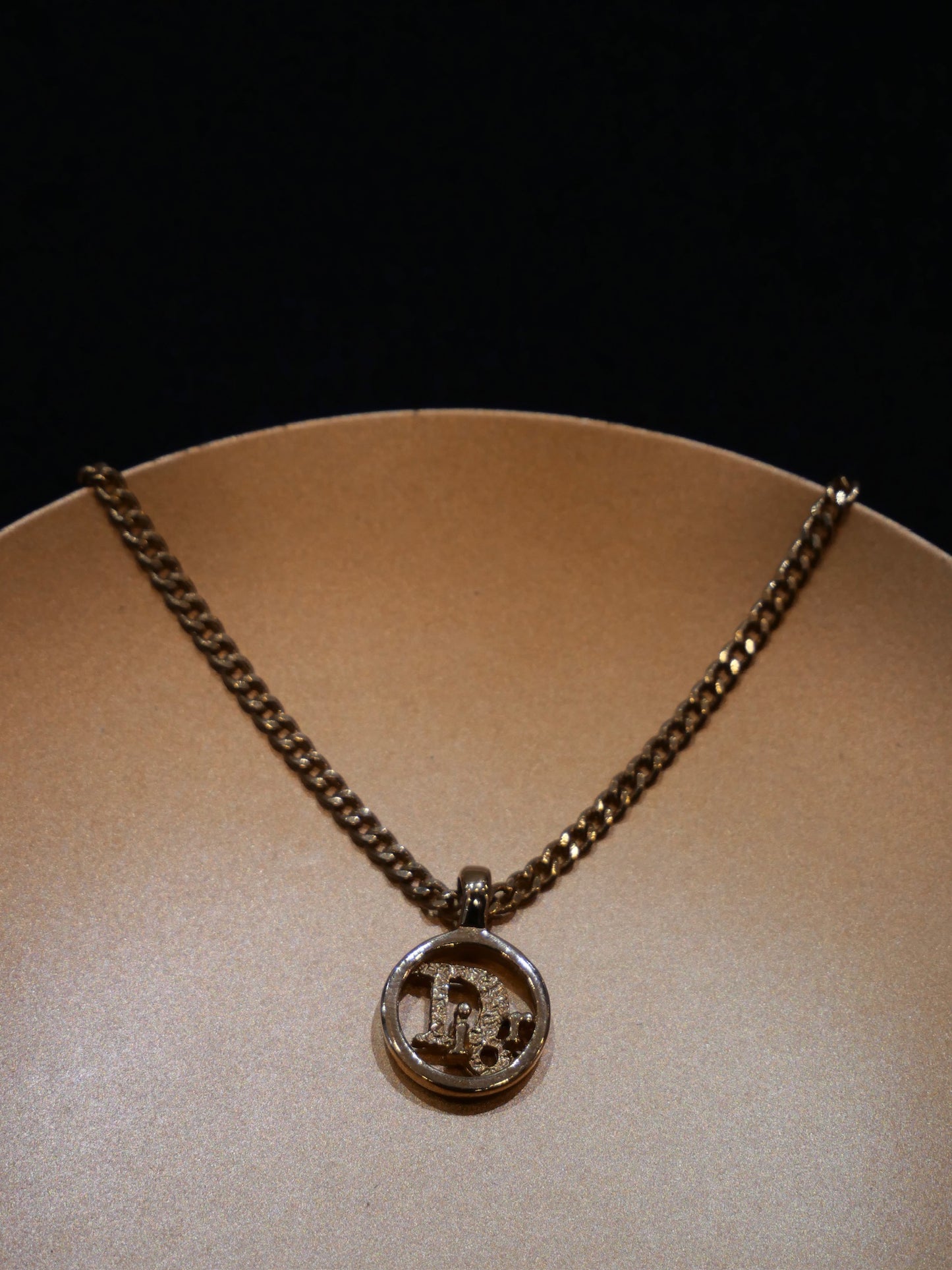Vintage Dior Gold Logo Round Pendant Necklace