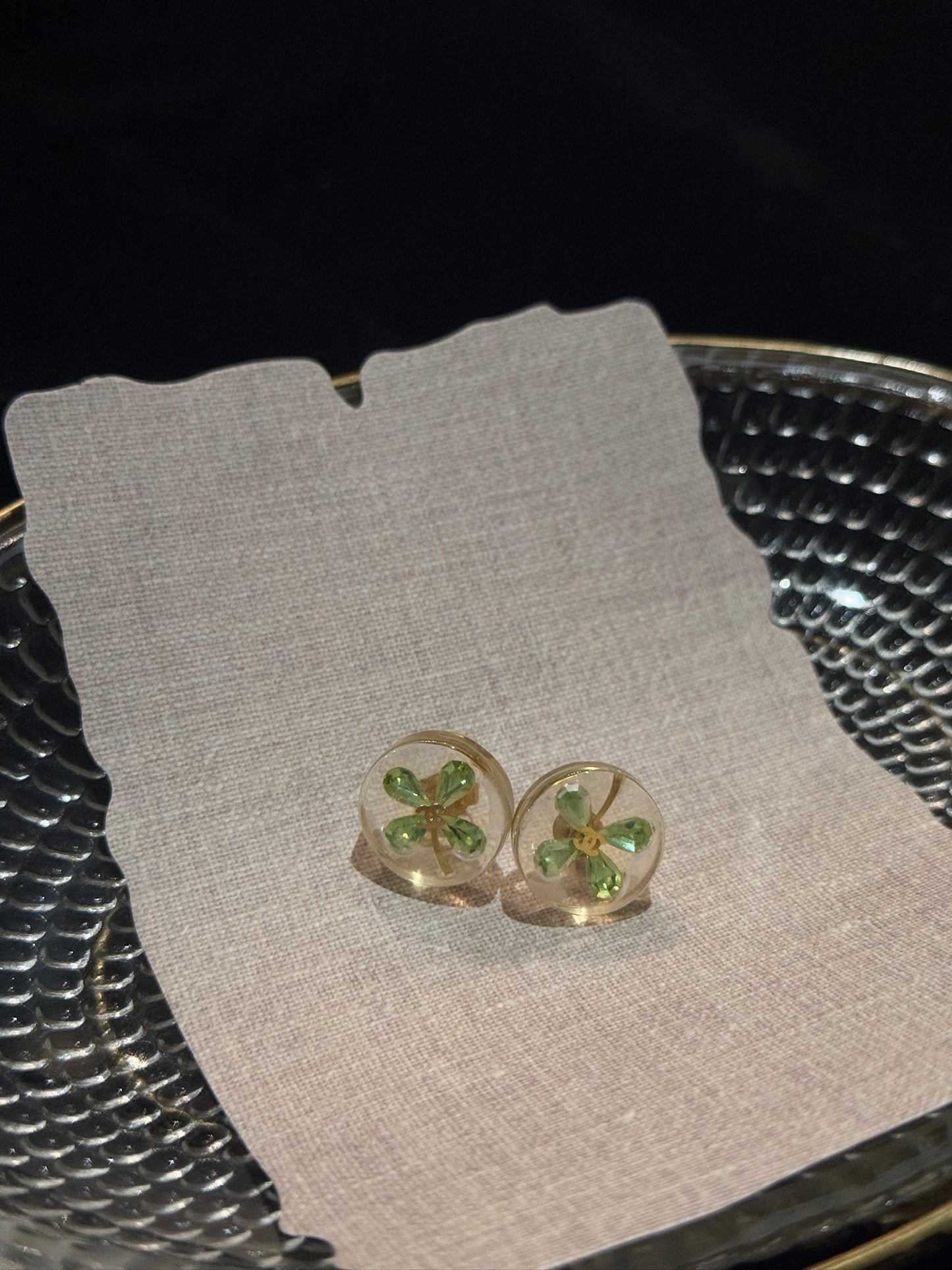 Chanel Green Clover Transparent Stud Earrings