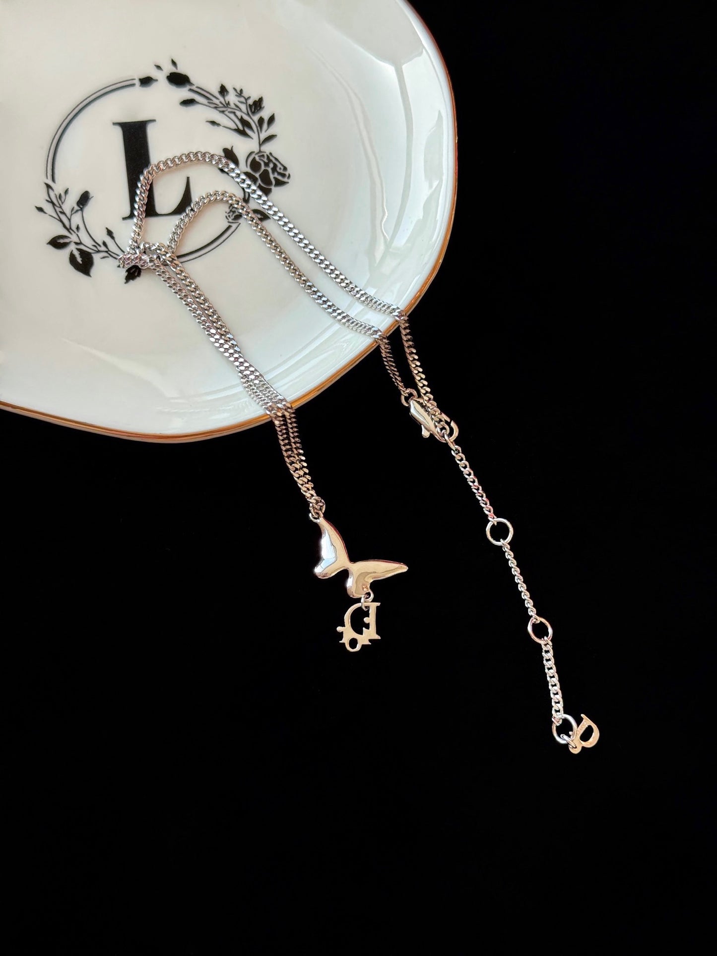 Dior Vintage Crystal Butterfly “D” Charm Necklace