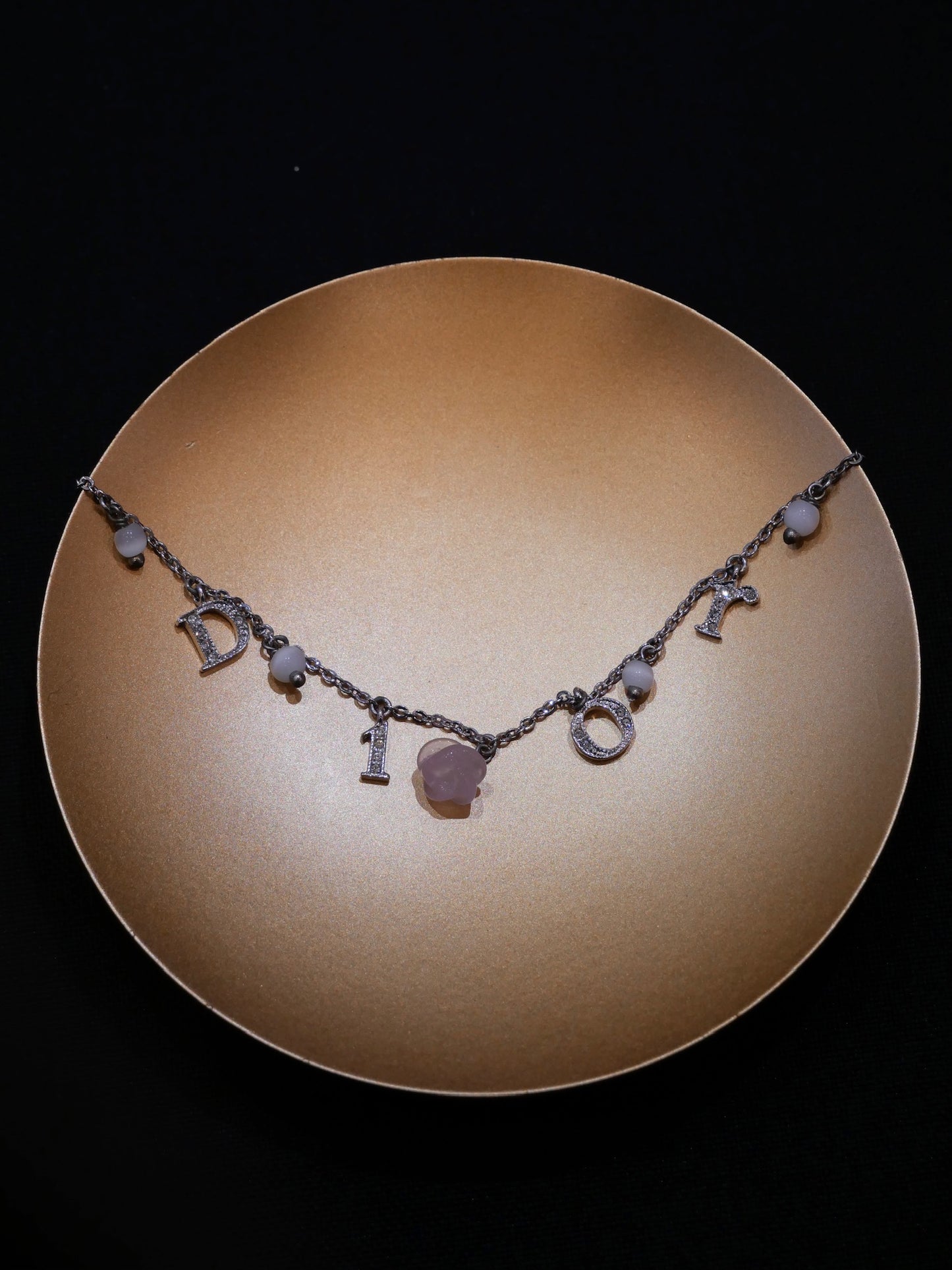 Vintage Dior Crystal Logo & Rose Charm Adjustable Choker Necklace