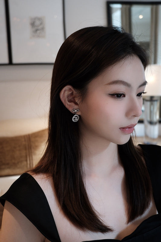 Chanel 2022 Crystal Bow & CC Drop Earrings