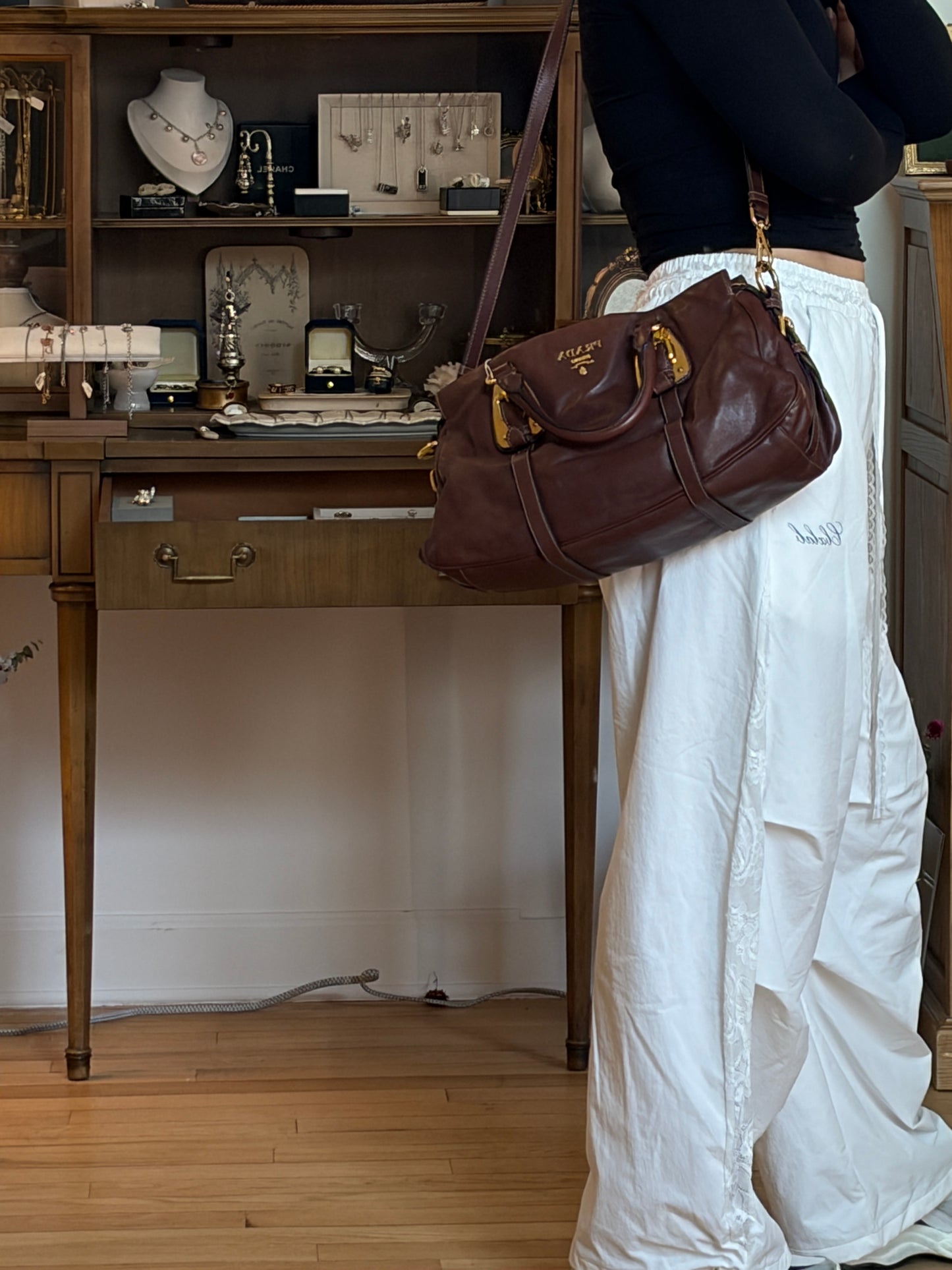 Prada Leather Top Handle Handbag – Dark Brown Large