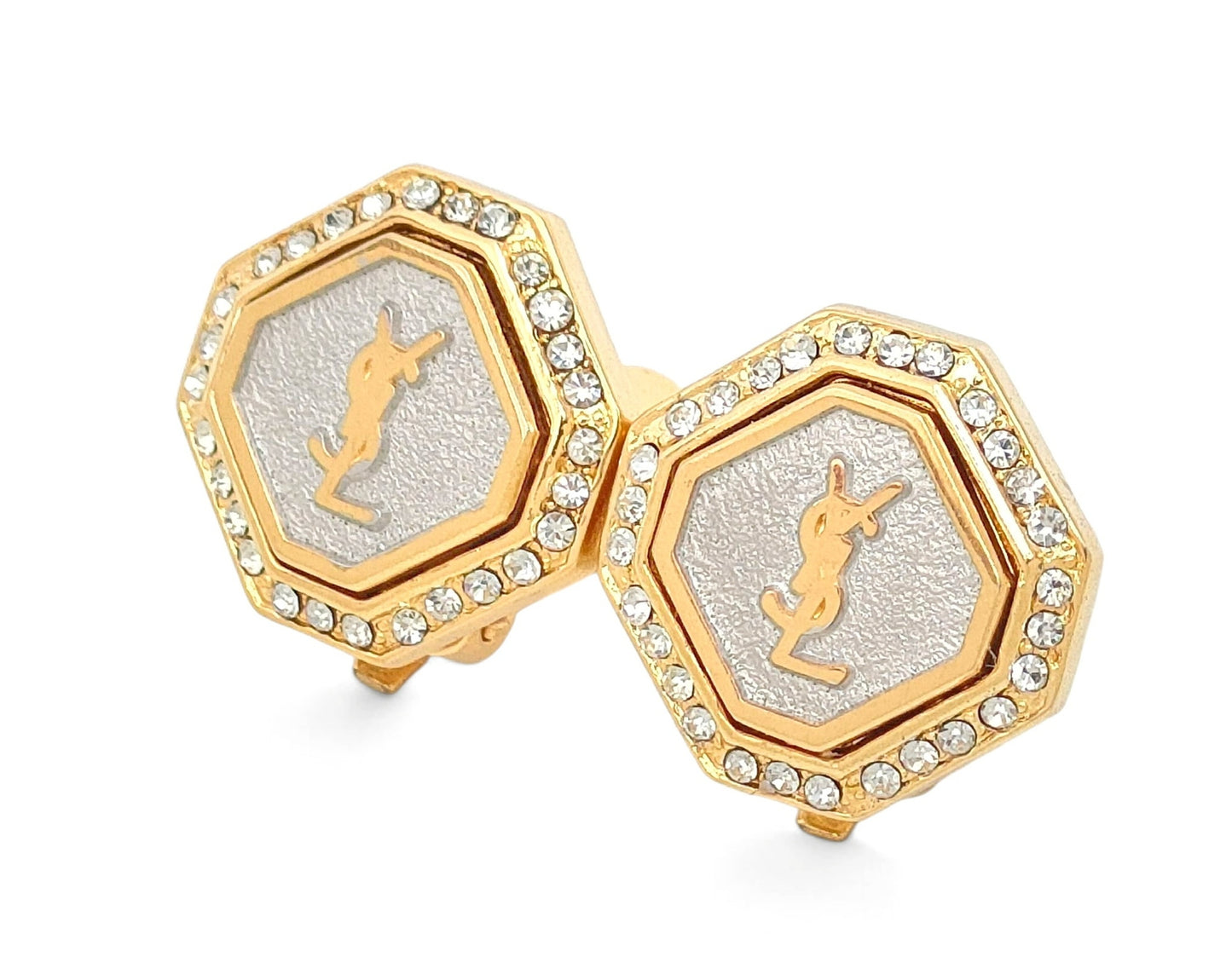 YSL Hexagon Crystal Logo Ear Clips