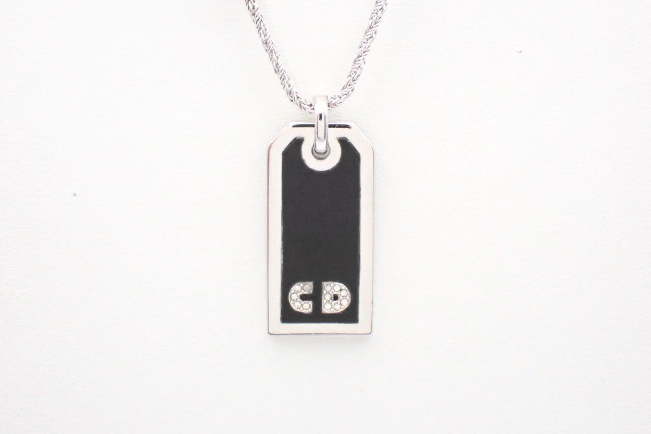Vintage Dior Black Tag Pendant Necklace – Silver Tone
