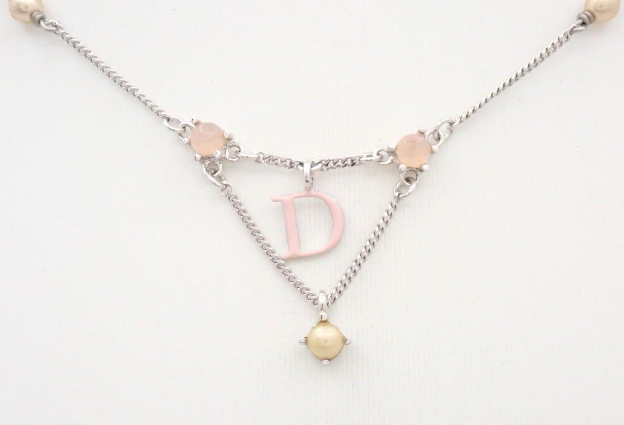 Dior Pink D Charm Beaded Necklace – Silver Tone