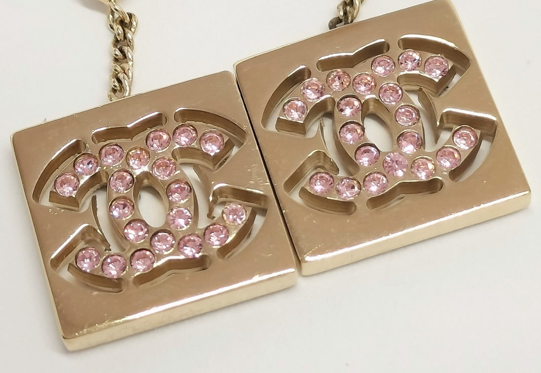 Chanel Gold-Tone Pink Crystal CC Drop Earrings