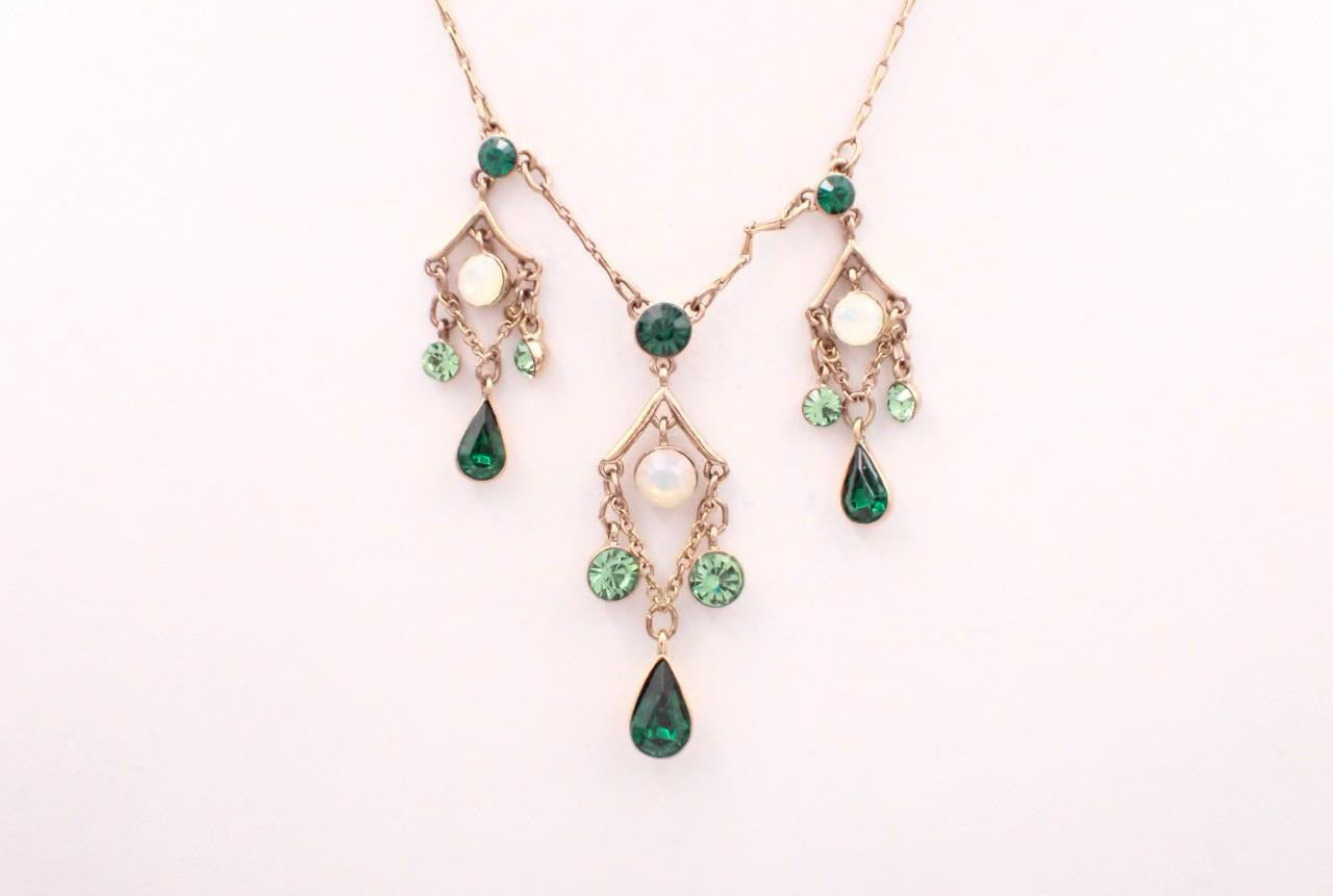 Givenchy 1990s Vintage Green Crystal Drop Statement Necklace