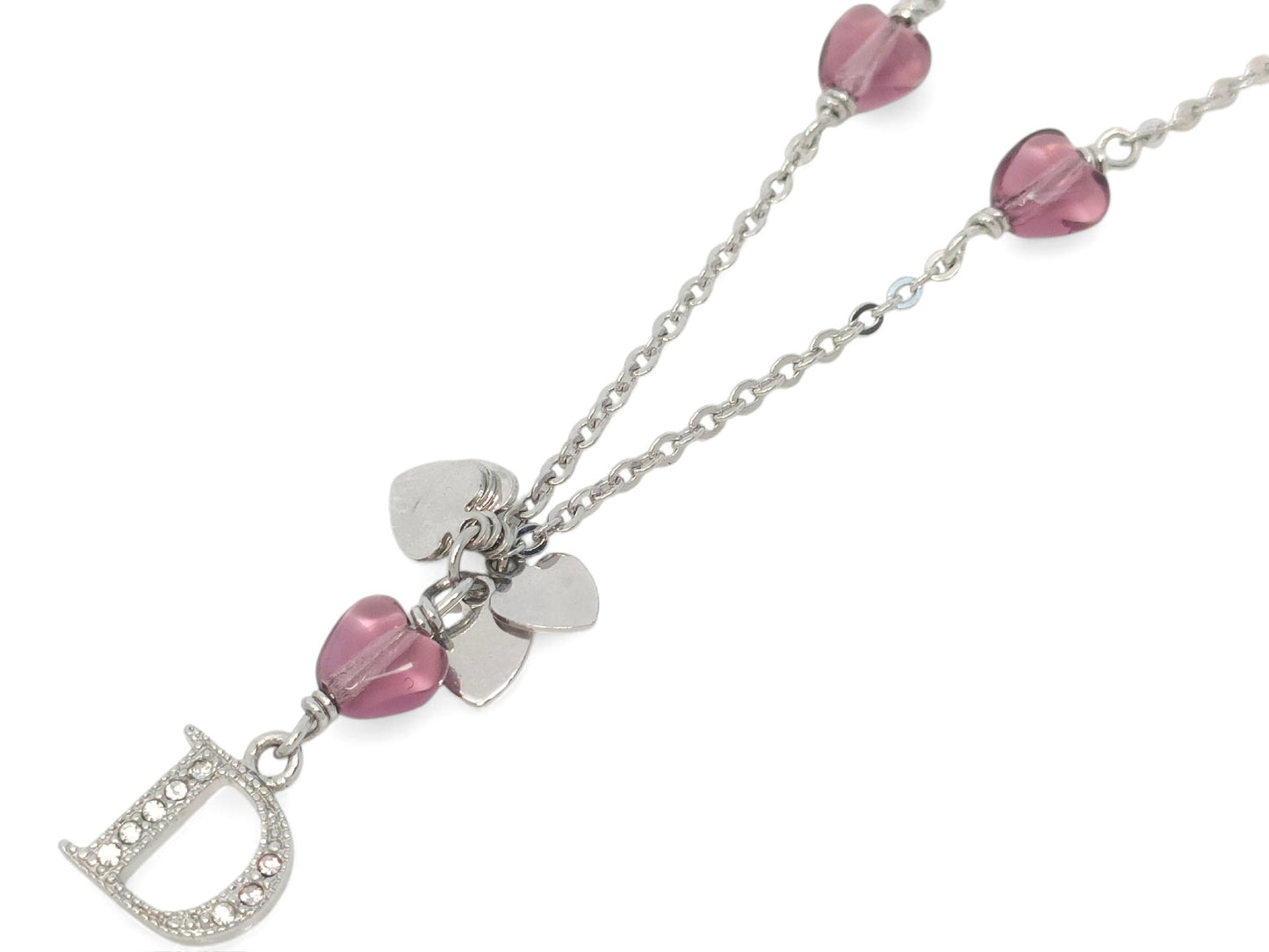 Dior Vintage Silver Heart & Rhinestone “D” Pendant Necklace