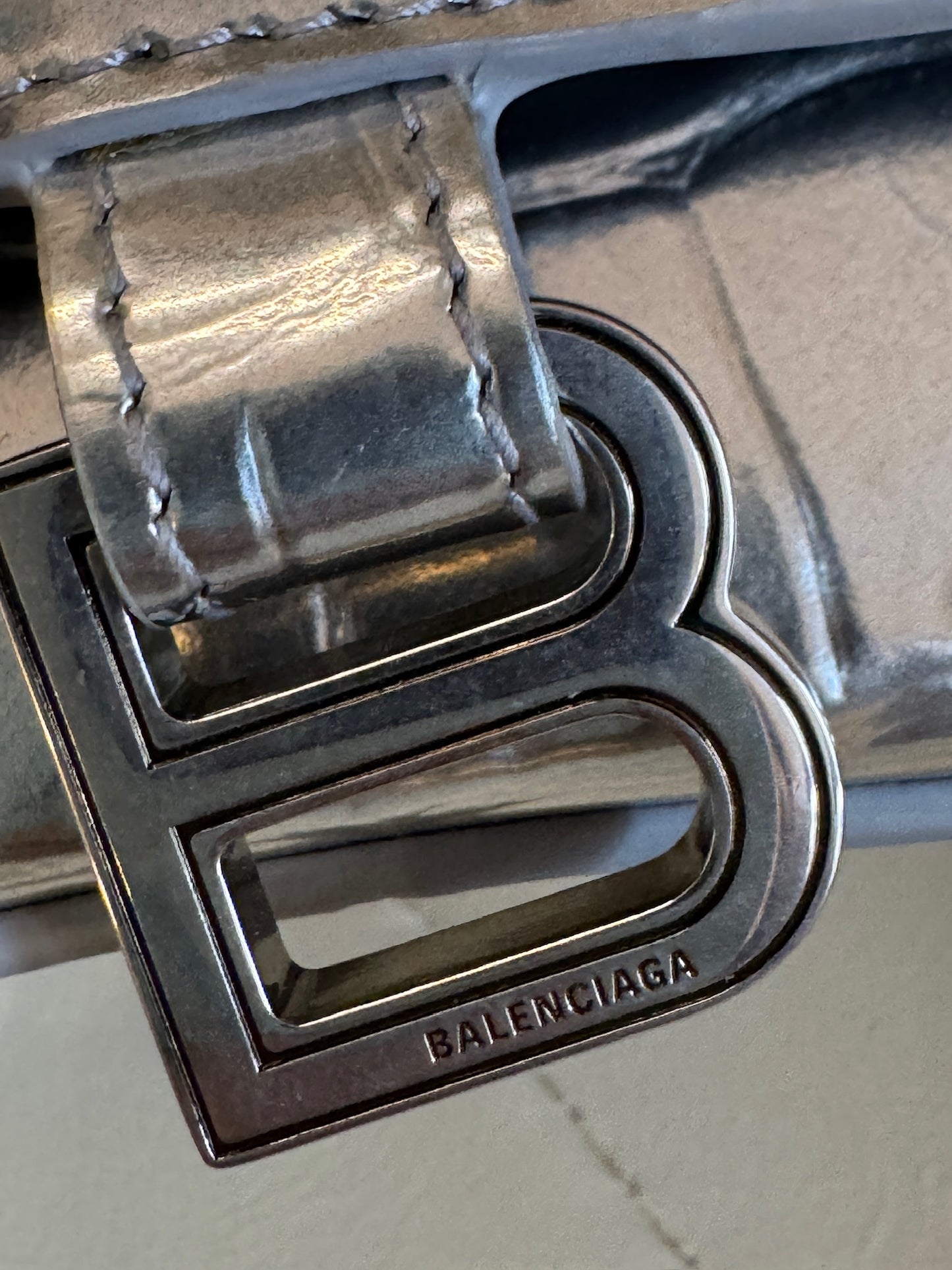Balenciaga Nano Hourglass Metallic Silver Croc-Embossed Card Holder