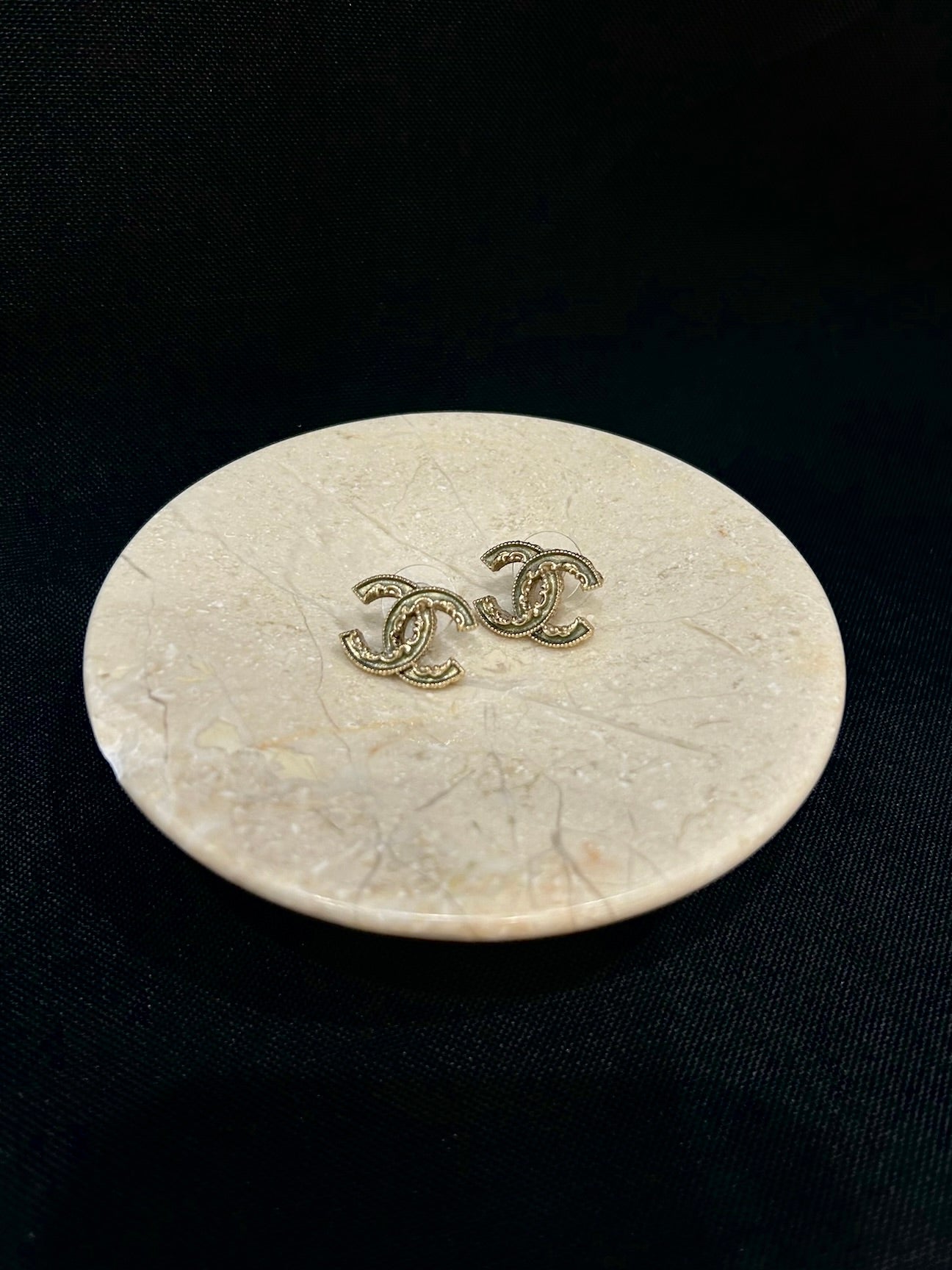 Chanel 2013 Dark Green Golden CC Logo Stud Earrings