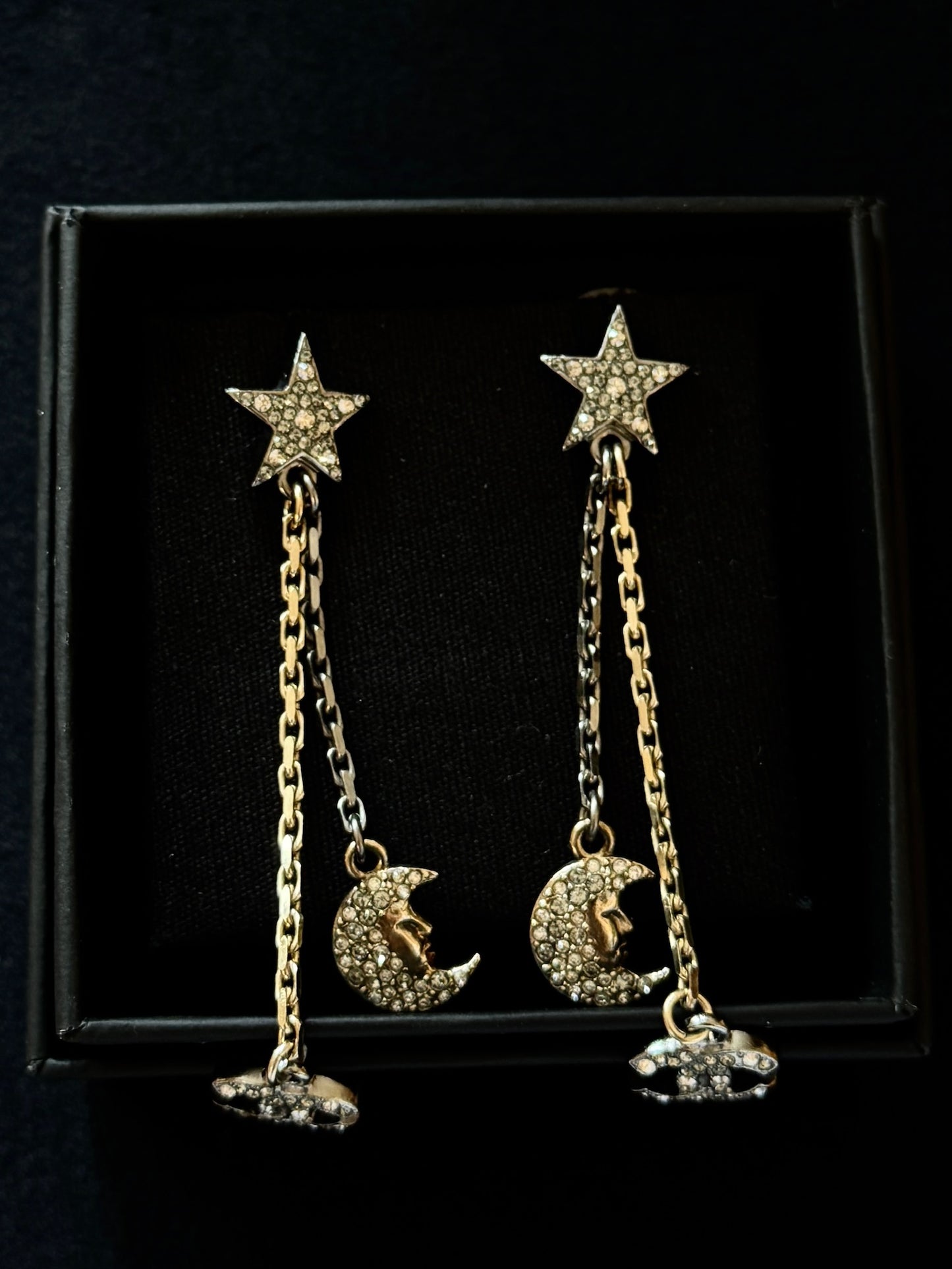 Chanel 2017 Crystal Star & Moon Drop Earrings