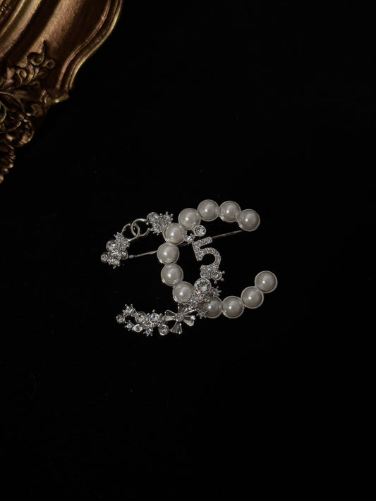 Chanel 2023 Metal No.5 Crystal CC Silver Brooch