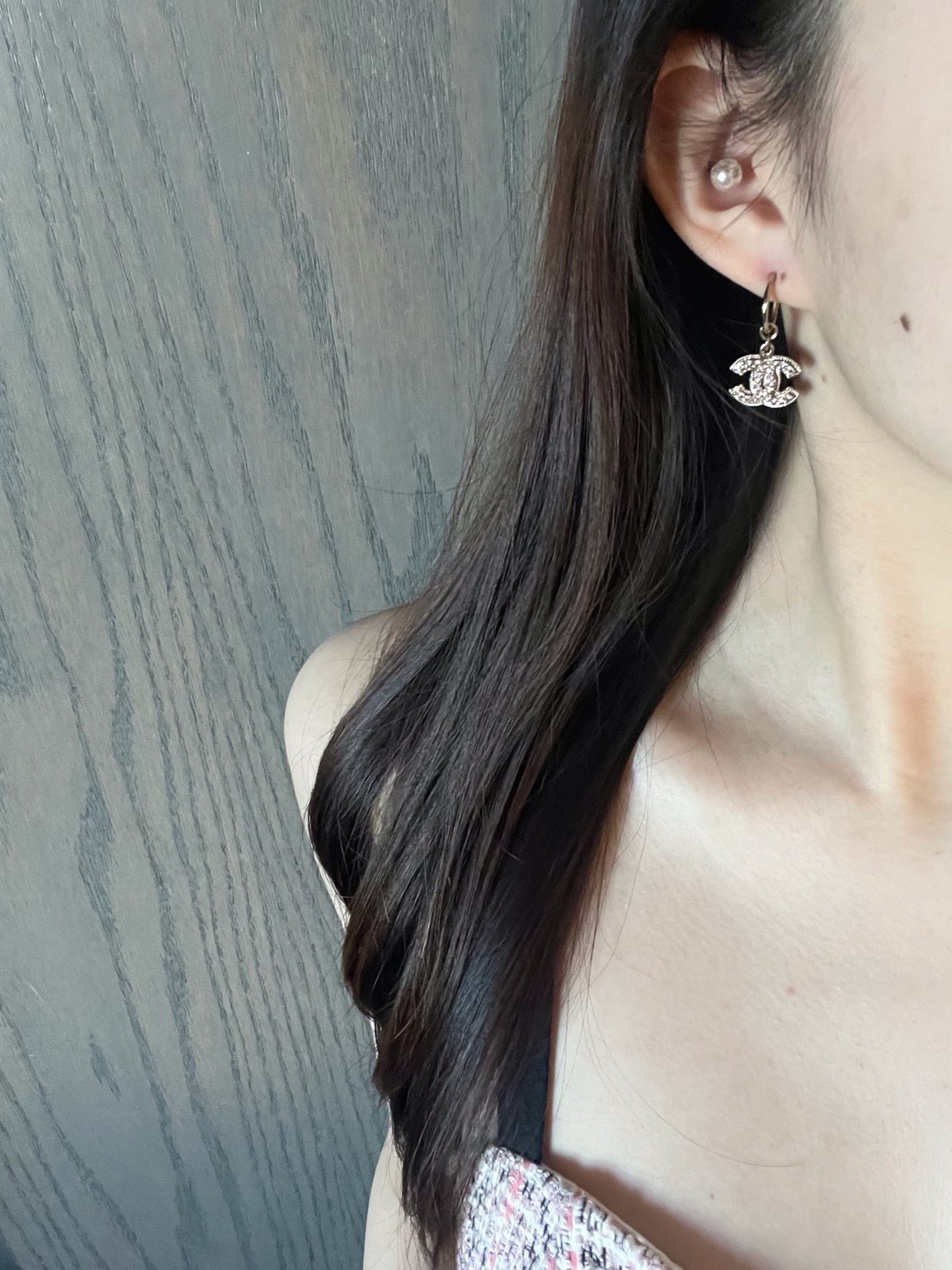 Chanel 2008 Double-Layer Pale Pink Crystal Earrings in Light Gold Tone