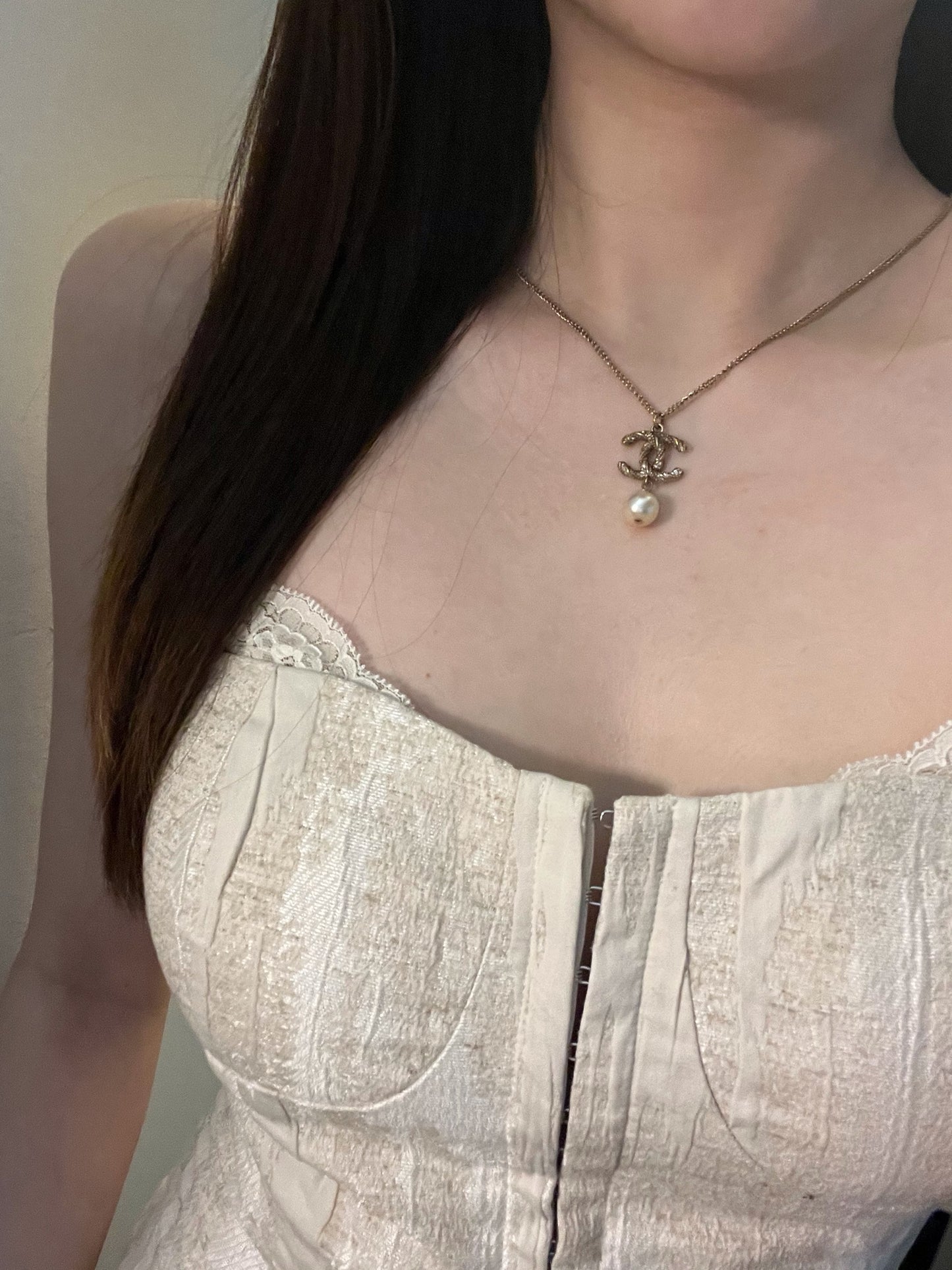 Chanel 2015 Double-Sided Twisted CC Crystal Pearl Drop Necklace