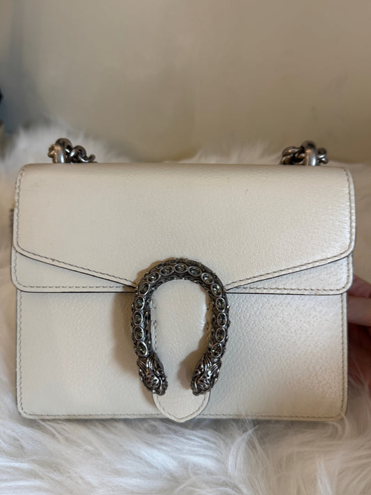 Gucci Dionysus White Leather Crystal Buckle Shoulder Bag
