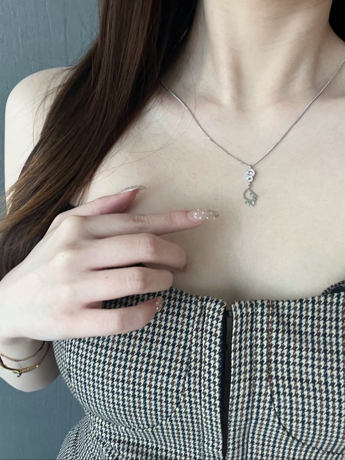 Vintage Dior Silver Logo Pendant Necklace with Pink Crystal Accent