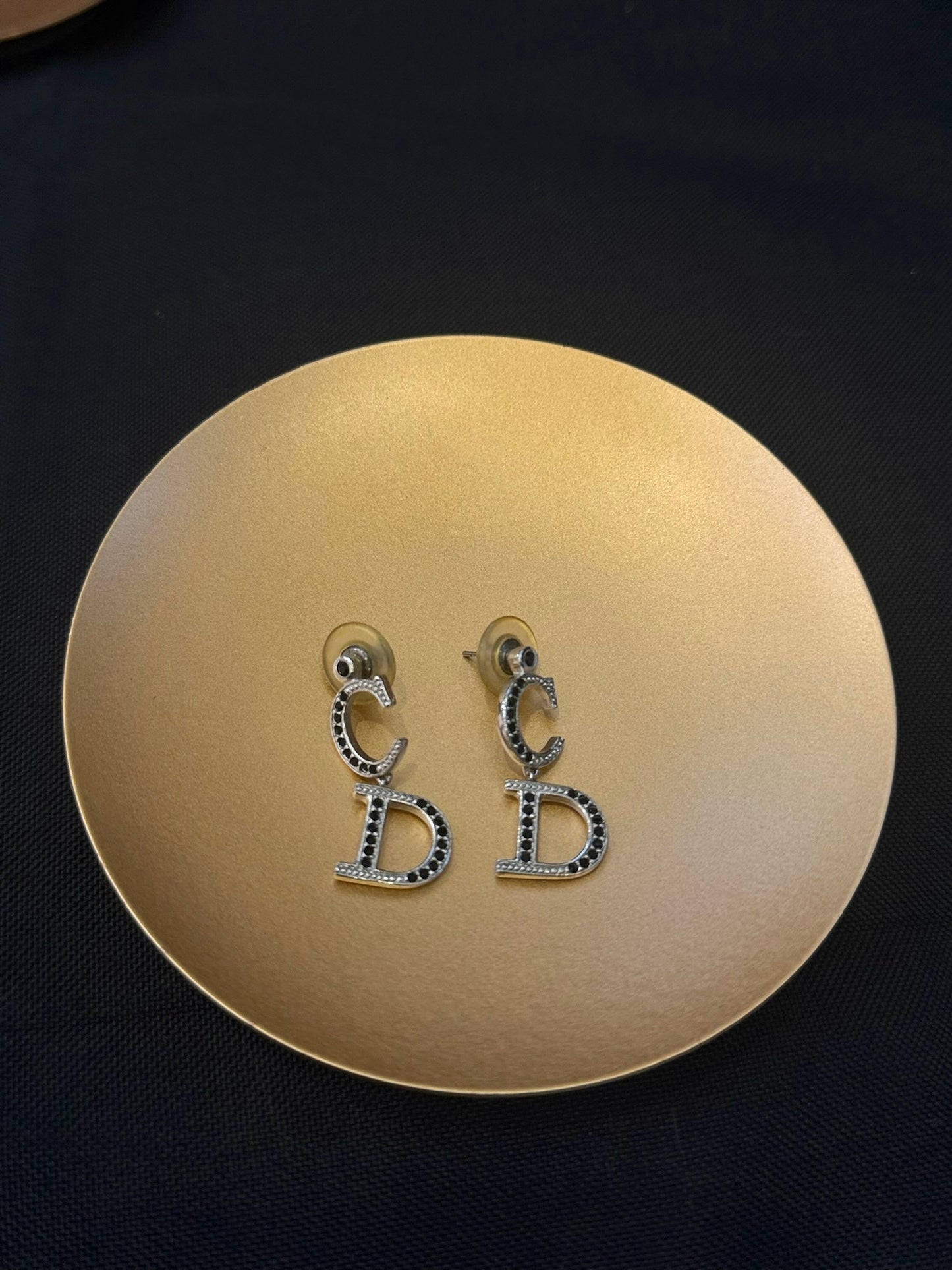 Vintage Dior Black Crystal CD Silver Earrings