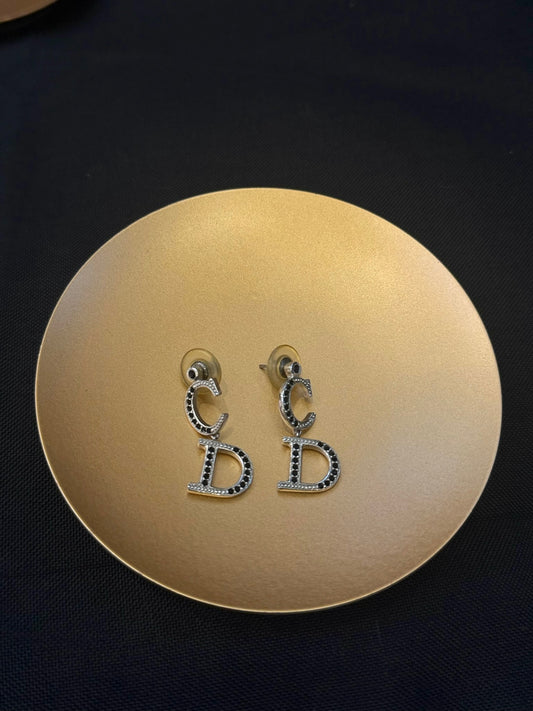 Vintage Dior Black Crystal CD Silver Earrings