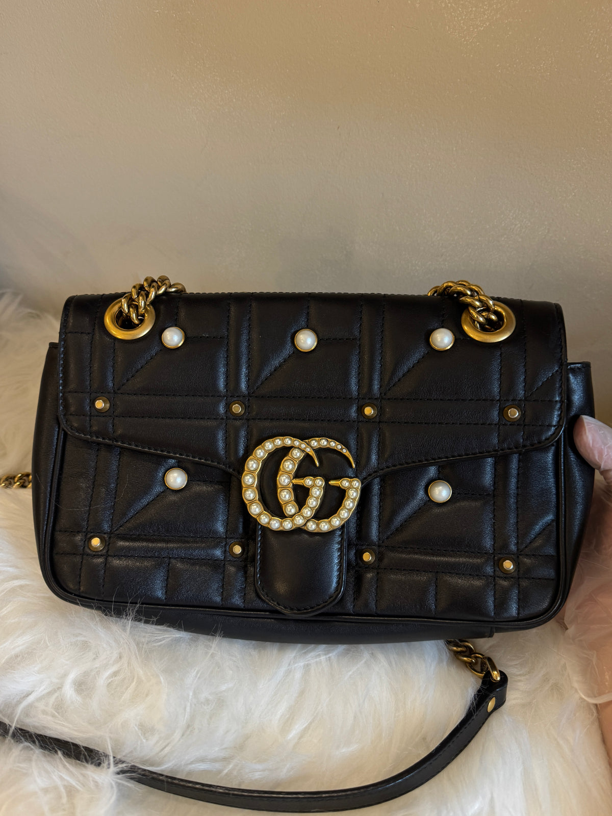 Gucci GG Marmont Pearl Stud Matelassé Chain Shoulder Bag