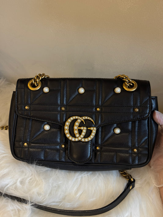 Gucci GG Marmont Pearl Stud Matelassé Chain Shoulder Bag