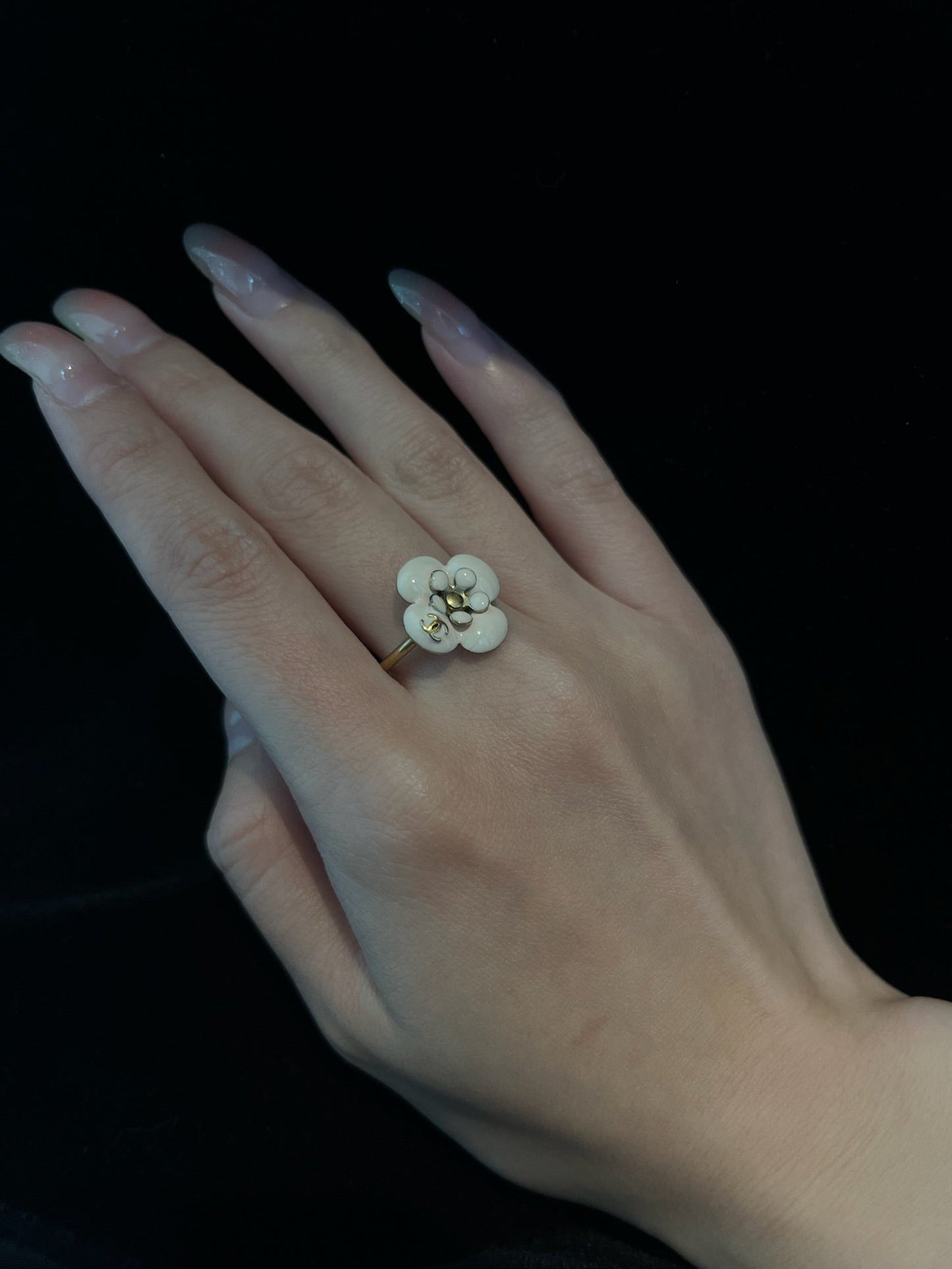 Vintage Chanel Cream Enamel Camellia Flower Ring