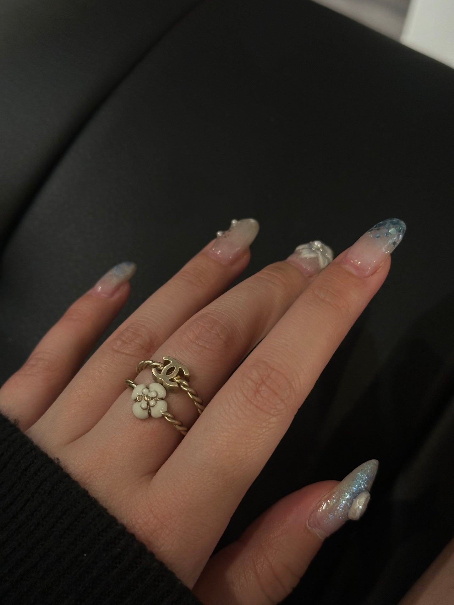 Chanel 2015 "Gilded Bloom" CC Logo & Camellia Twisted Band Ring Set