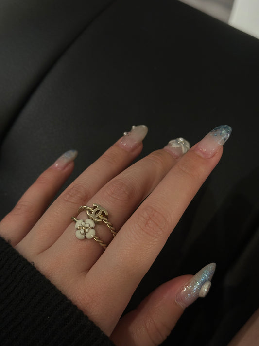 Chanel 2015 "Gilded Bloom" CC Logo & Camellia Twisted Band Ring Set