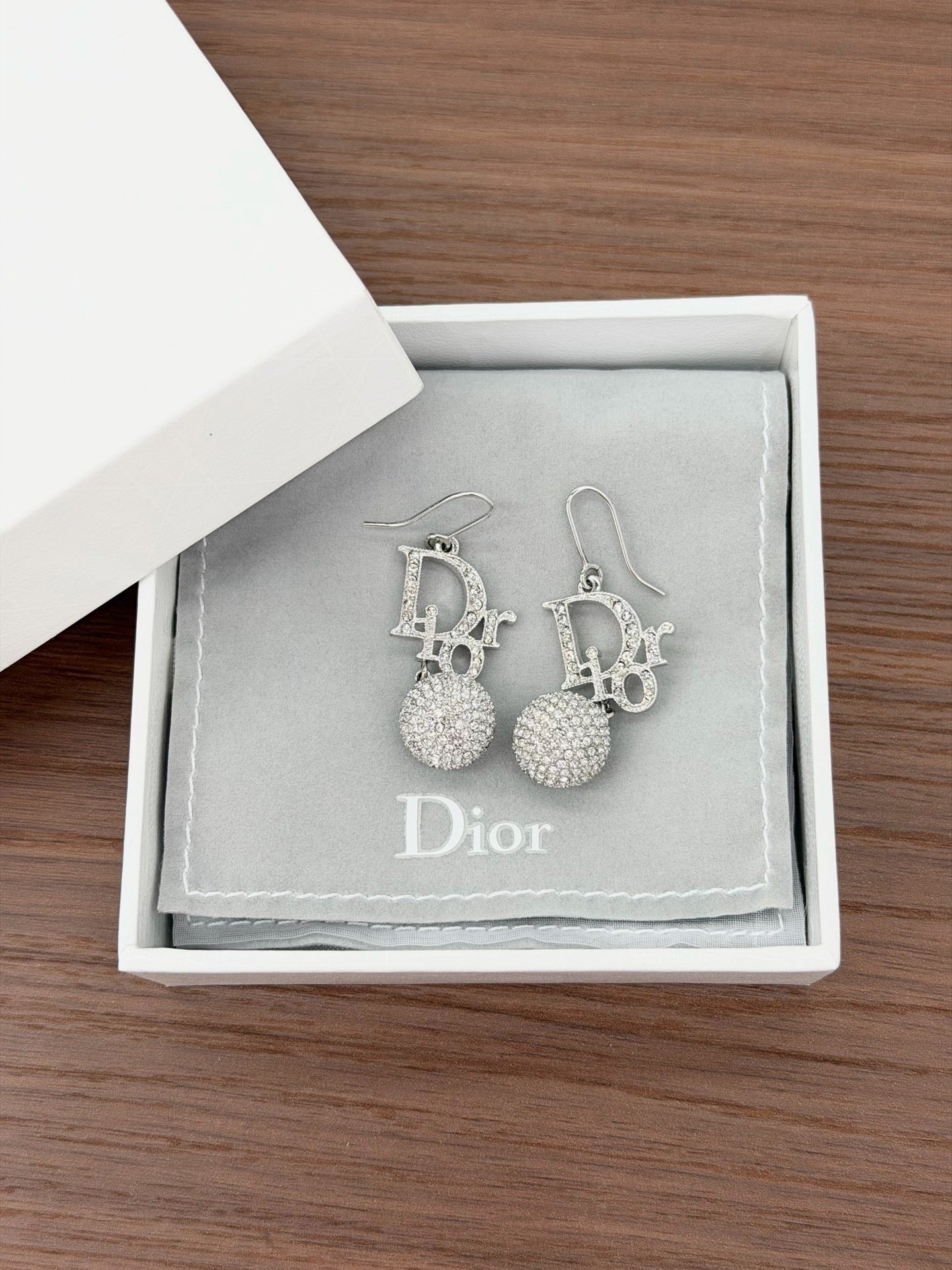 Vintage Dior Crystal Logo Ball Drop Earrings – Silver Tone
