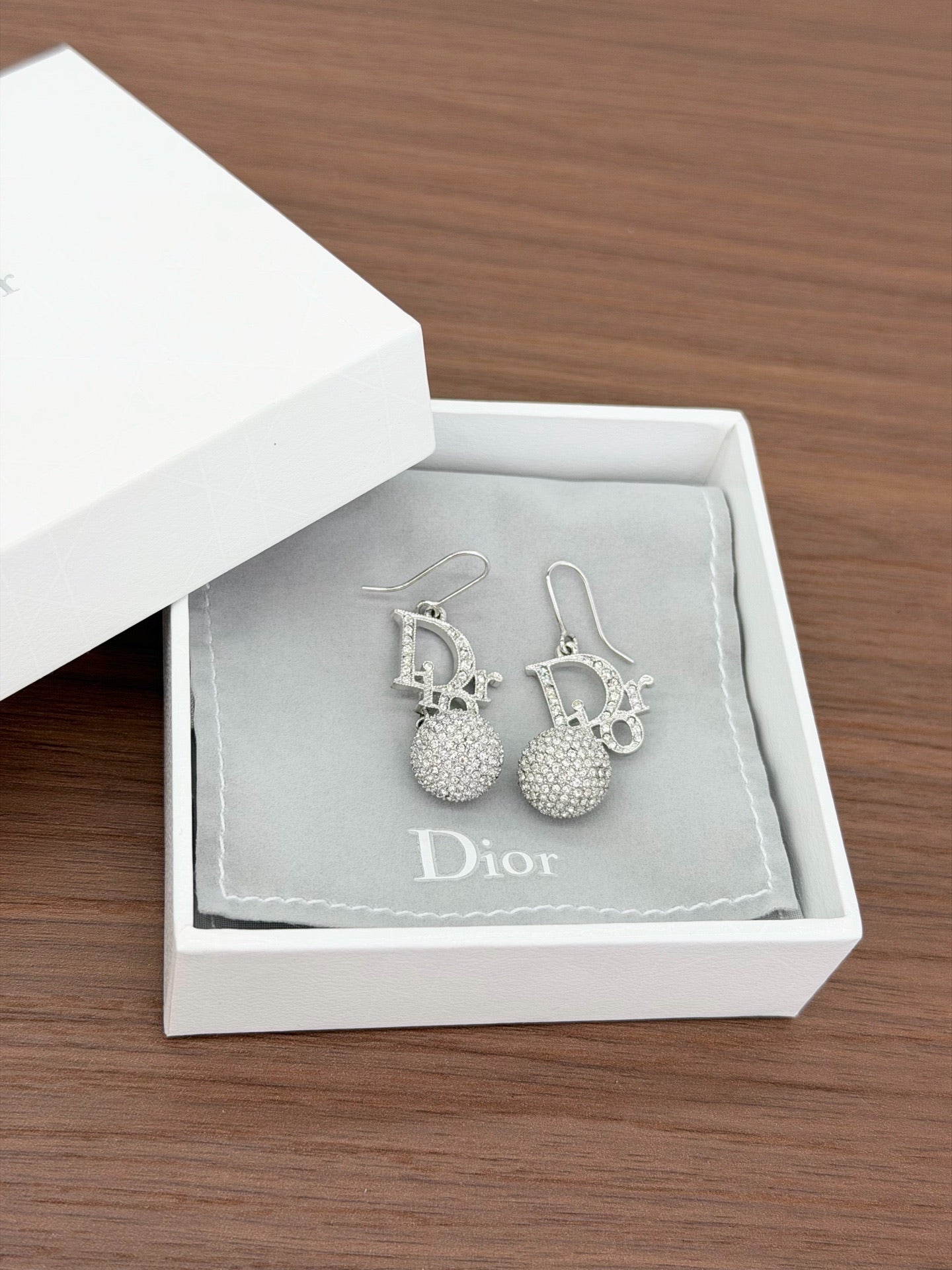Vintage Dior Crystal Logo Ball Drop Earrings – Silver Tone