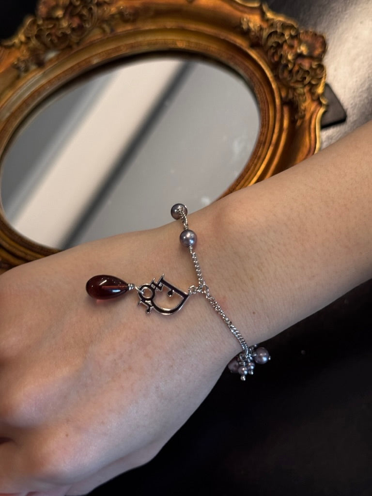 Dior Vintage Silver Logo Necklace with Purple Pearl Beads and Teardrop Charm