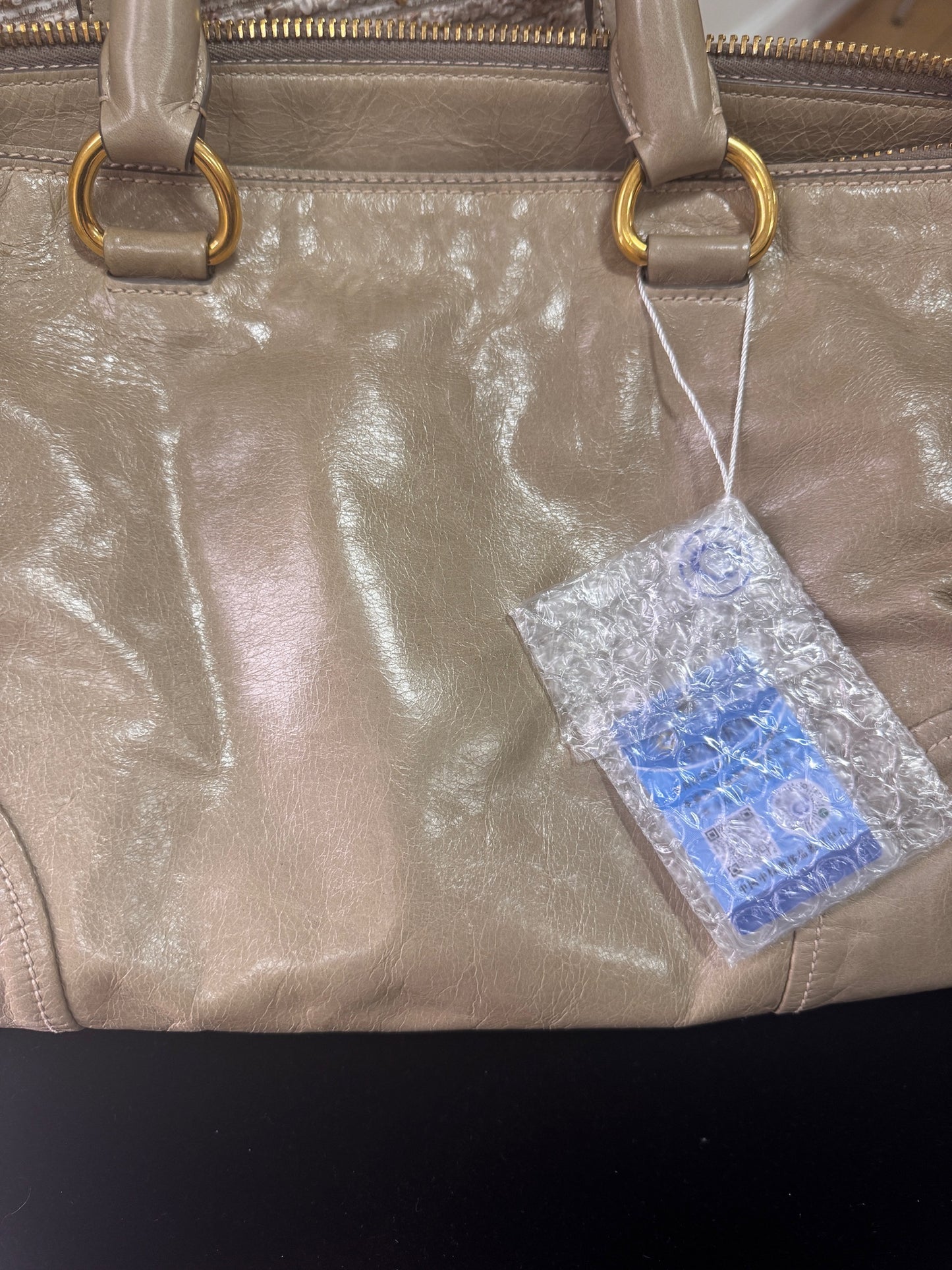 Prada Vintage Taupe Glossy Leather Top Handle Satchel