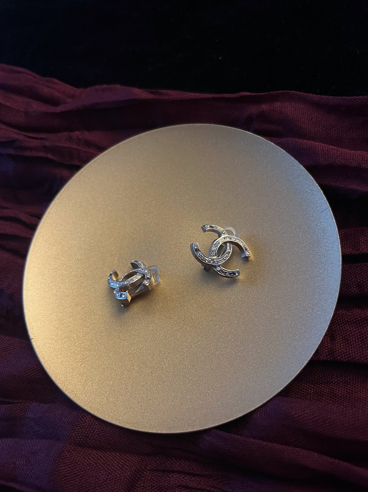 Chanel 2012 Vintage Gold-Tone Double C Pink & Royal purple Crystal Ear Clips