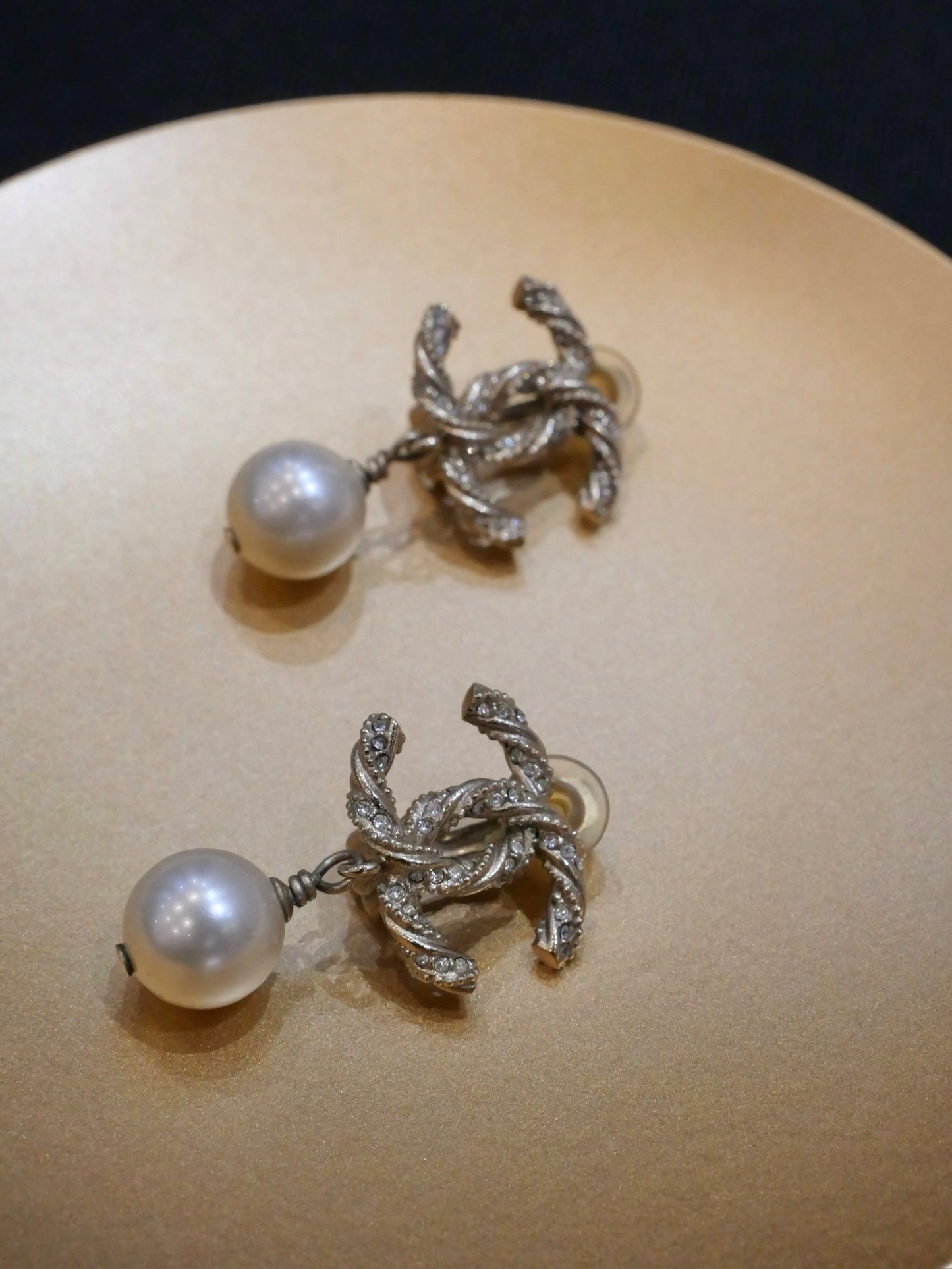 Chanel 2013 Champagne Gold Braided CC Pearl Drop Earrings