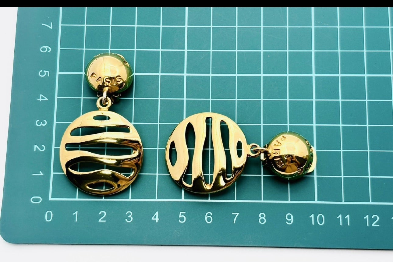 Celine Vintage Cutout Disc Drop Earrings (Gold Tone)