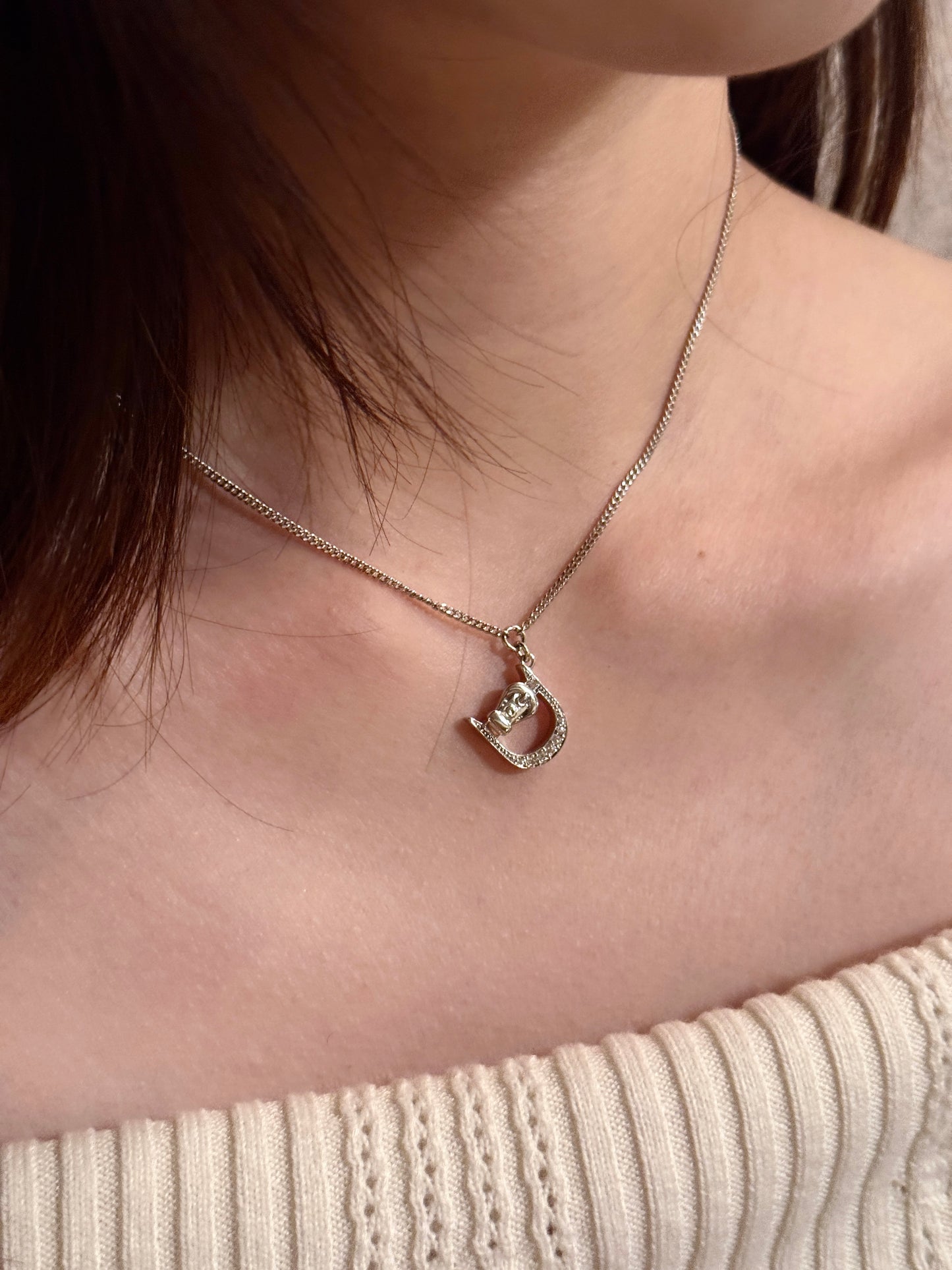 Vintage Dior Silver "D" Crystal Pendant Necklace
