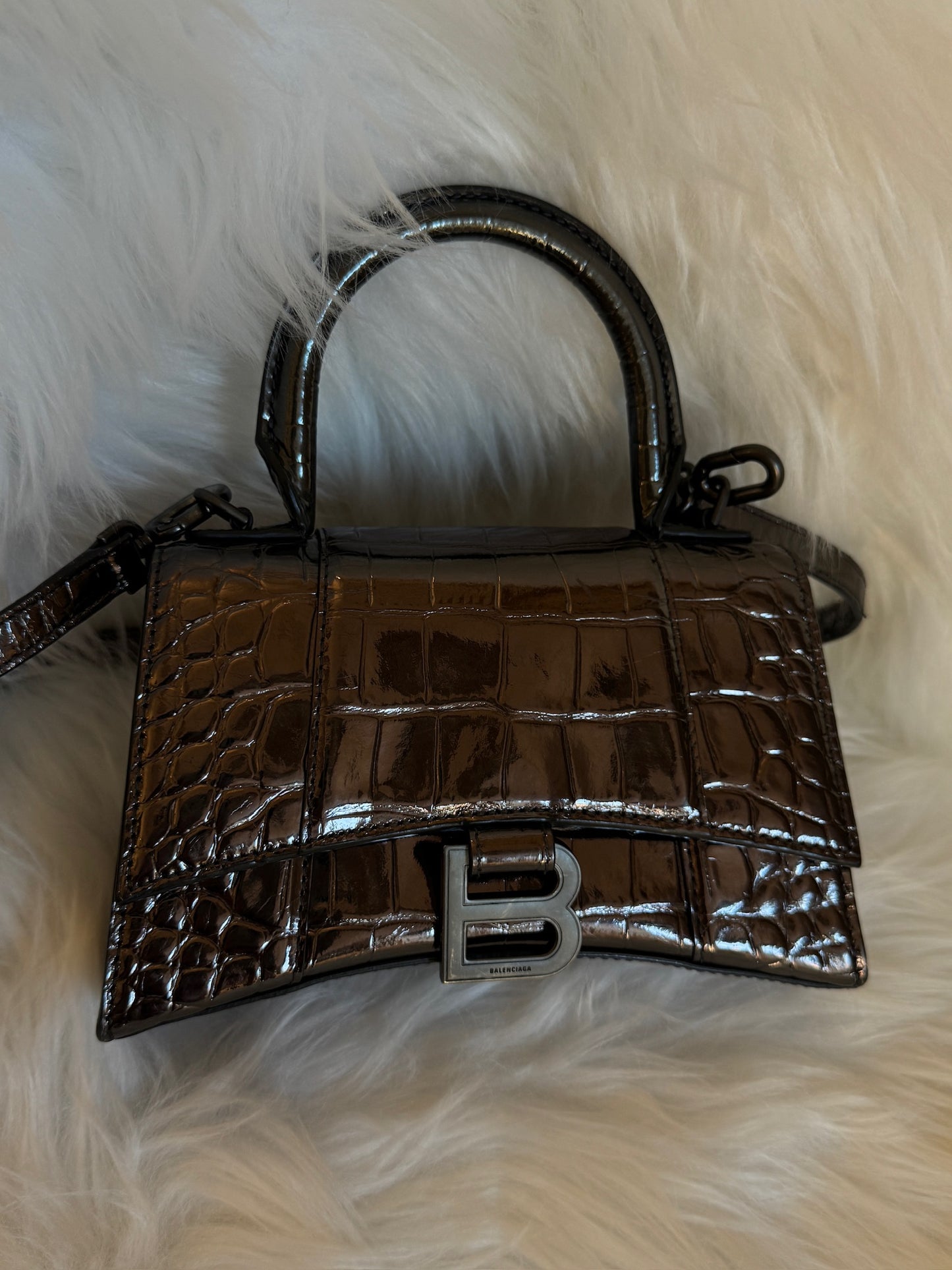 Balenciaga Hourglass XS Croc-Embossed Patent Leather Top Handle Bag